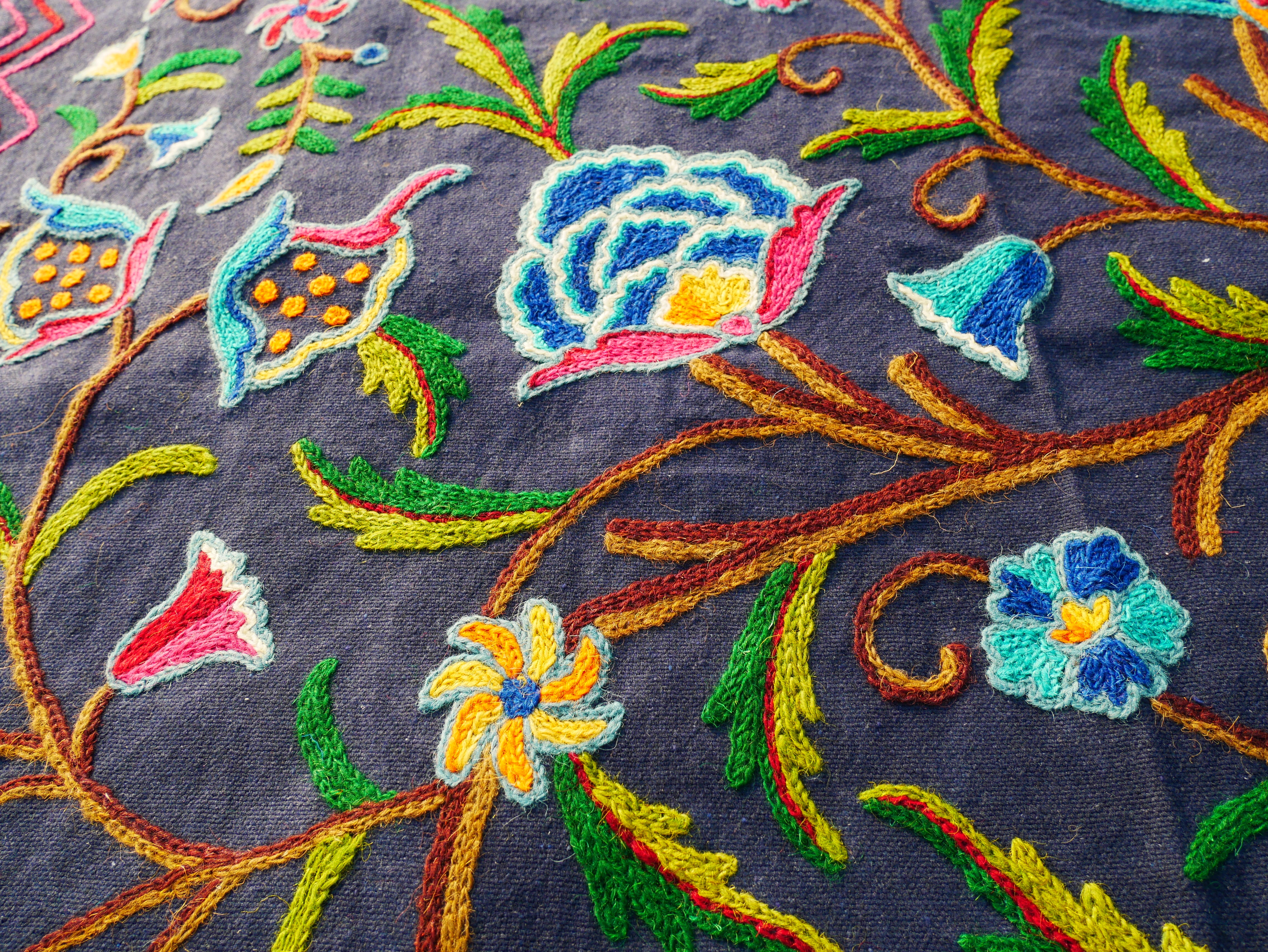 Hand embroidered bedspread "Dream of Kashmir" - artisan crafted double bed throw wool on cotton