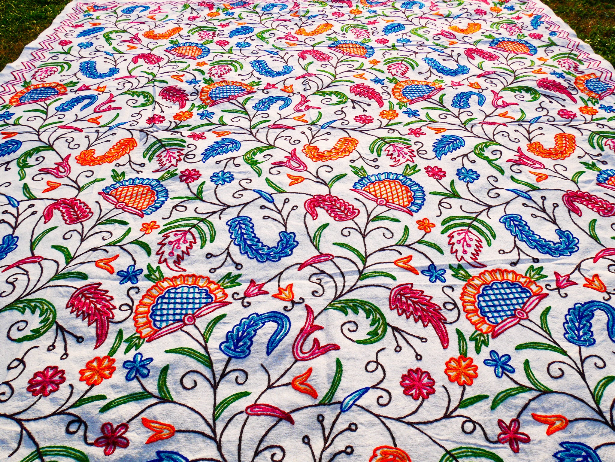 Bohemian bedding - luxury Indian bed throw | Kashmir Crewel embroidery - colorful bedspread, floral design