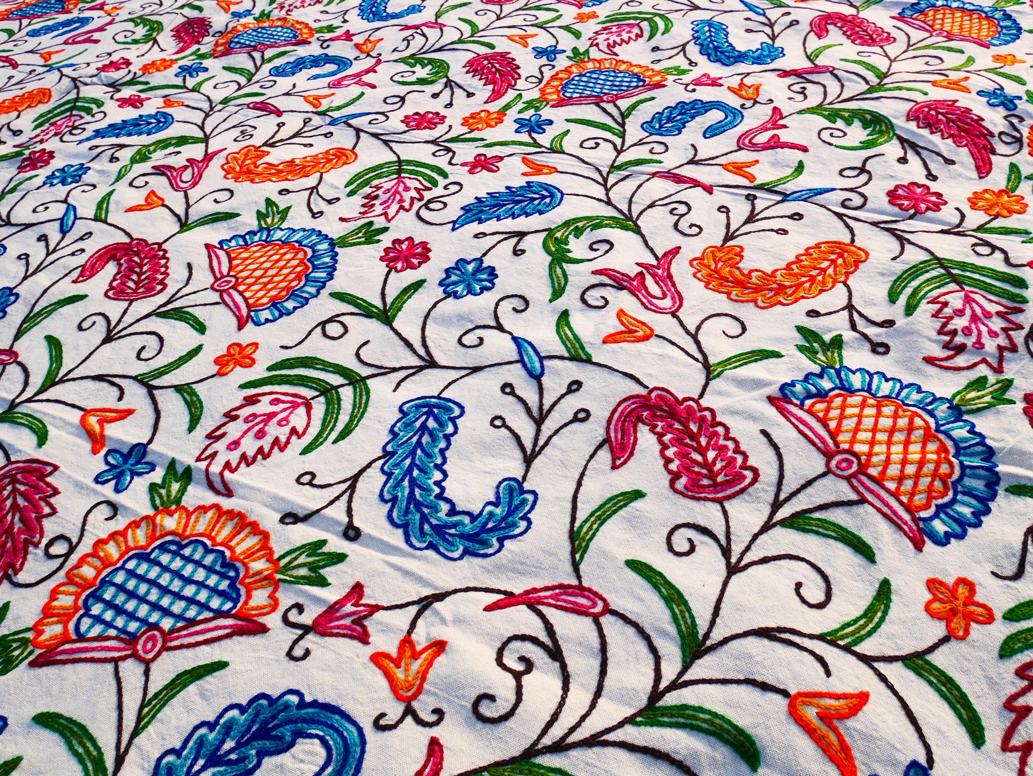 Bohemian bedding - luxury Indian bed throw | Kashmir Crewel embroidery - colorful bedspread, floral design