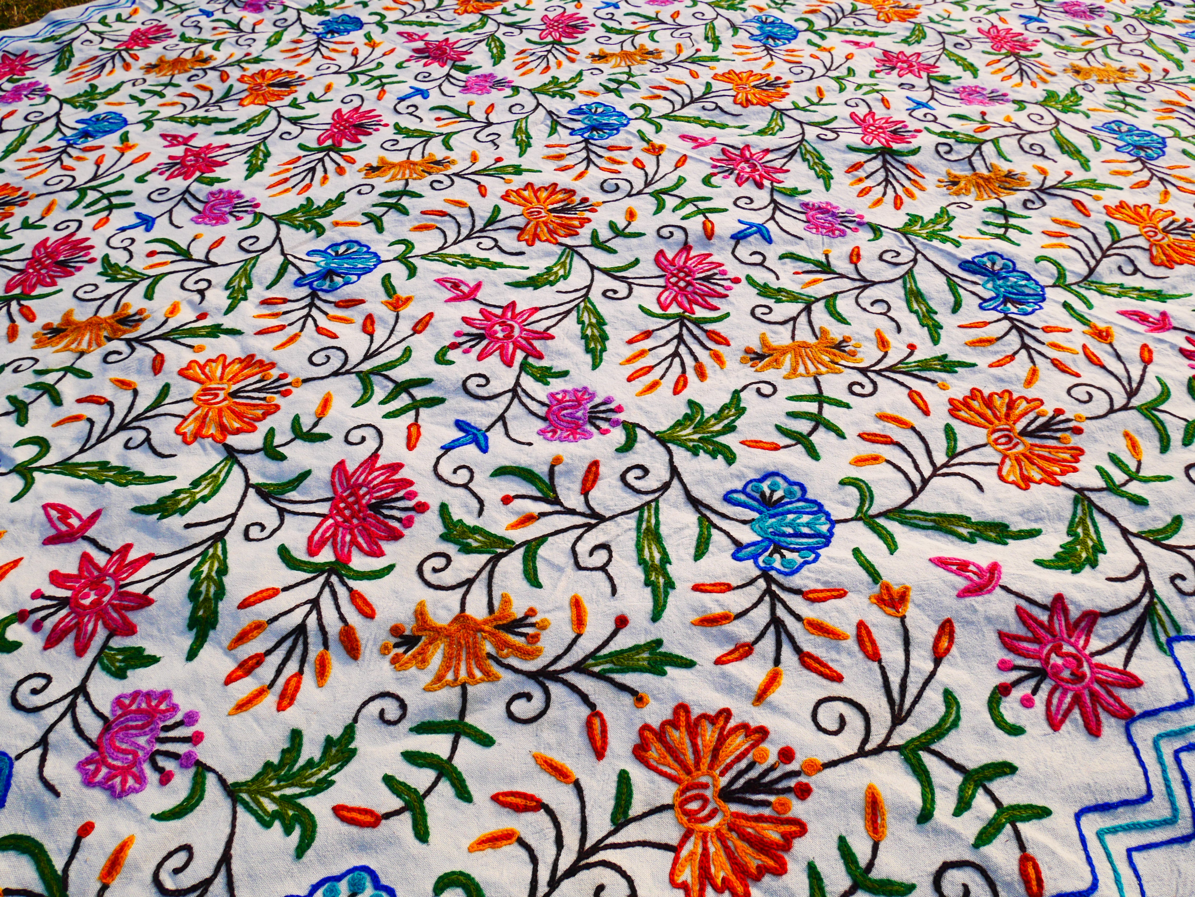 Bohemian bedding - luxury Indian bed throw | Kashmir Crewel embroidery - colorful bedspread, floral design