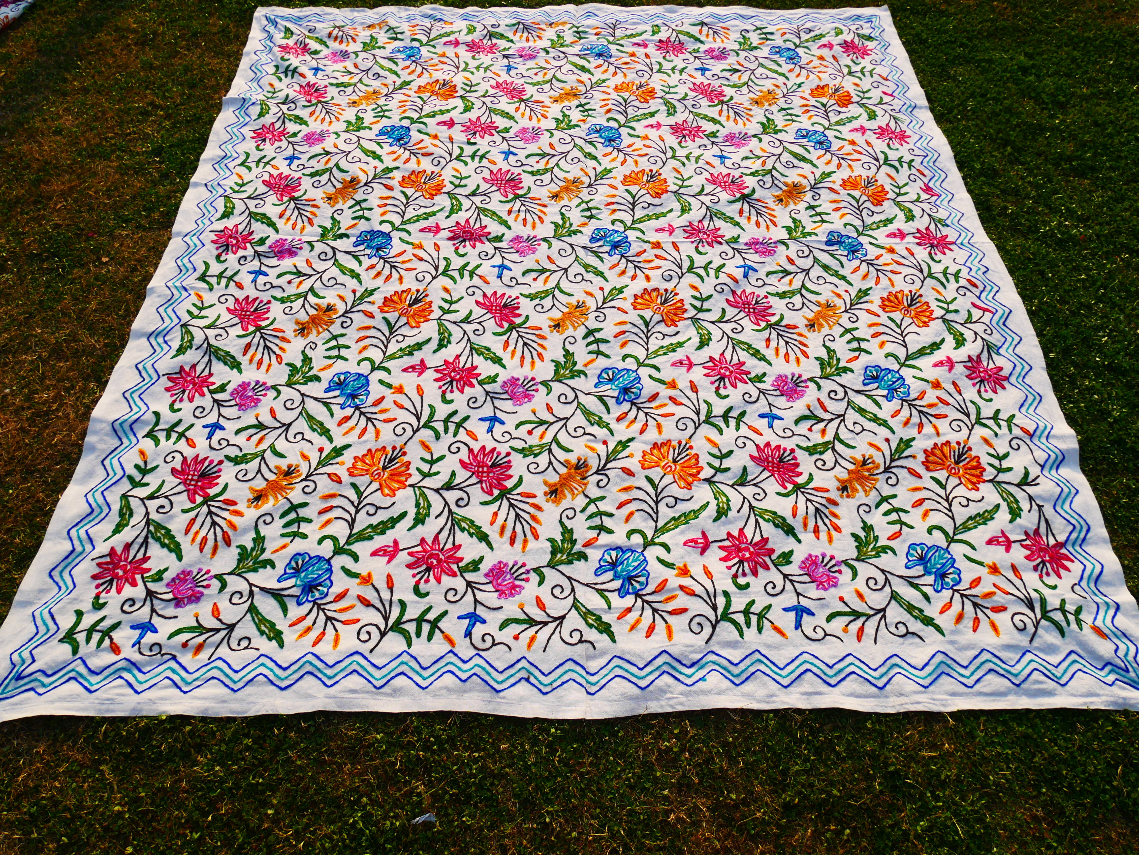 Bohemian bedding - luxury Indian bed throw | Kashmir Crewel embroidery - colorful bedspread, floral design