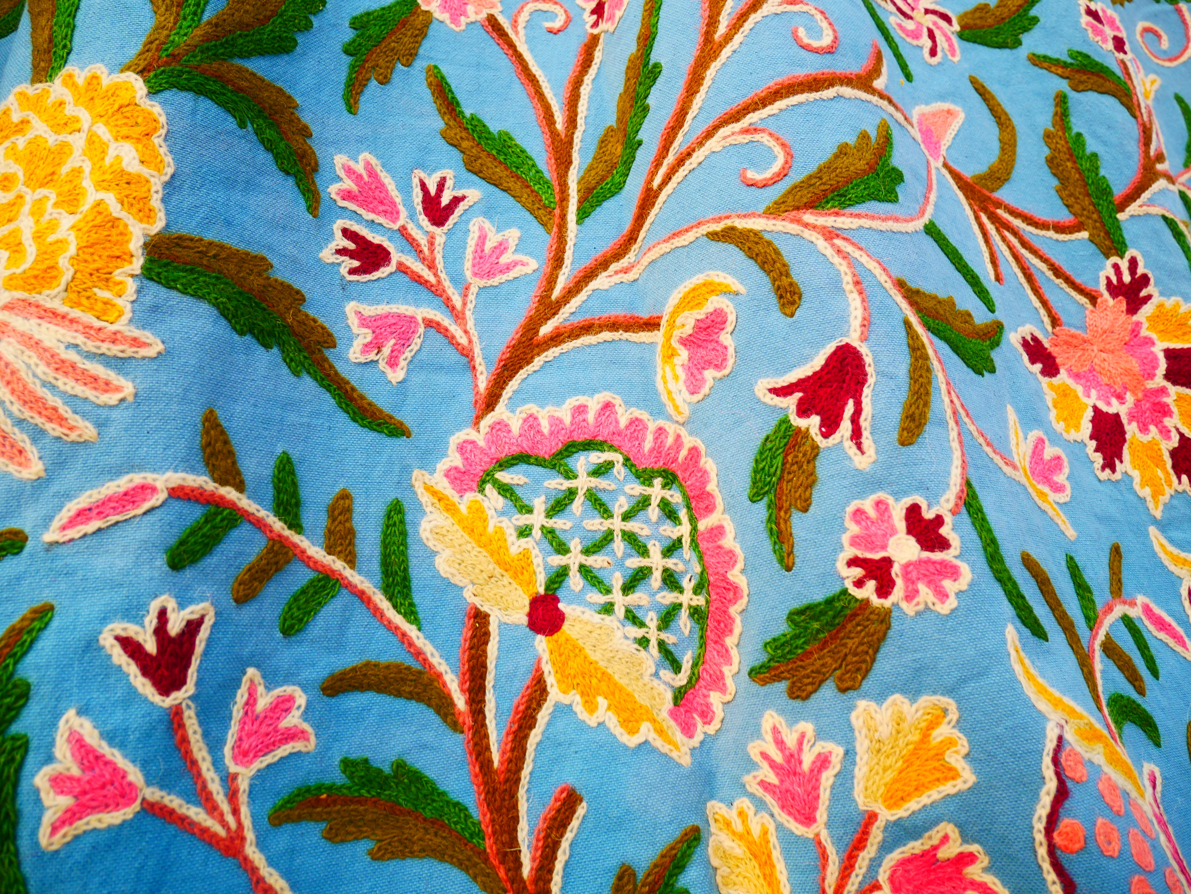 Hand-Embroidered Floral Curtain from Kashmir – Cotton & Wool Boho Bedroom Curtain