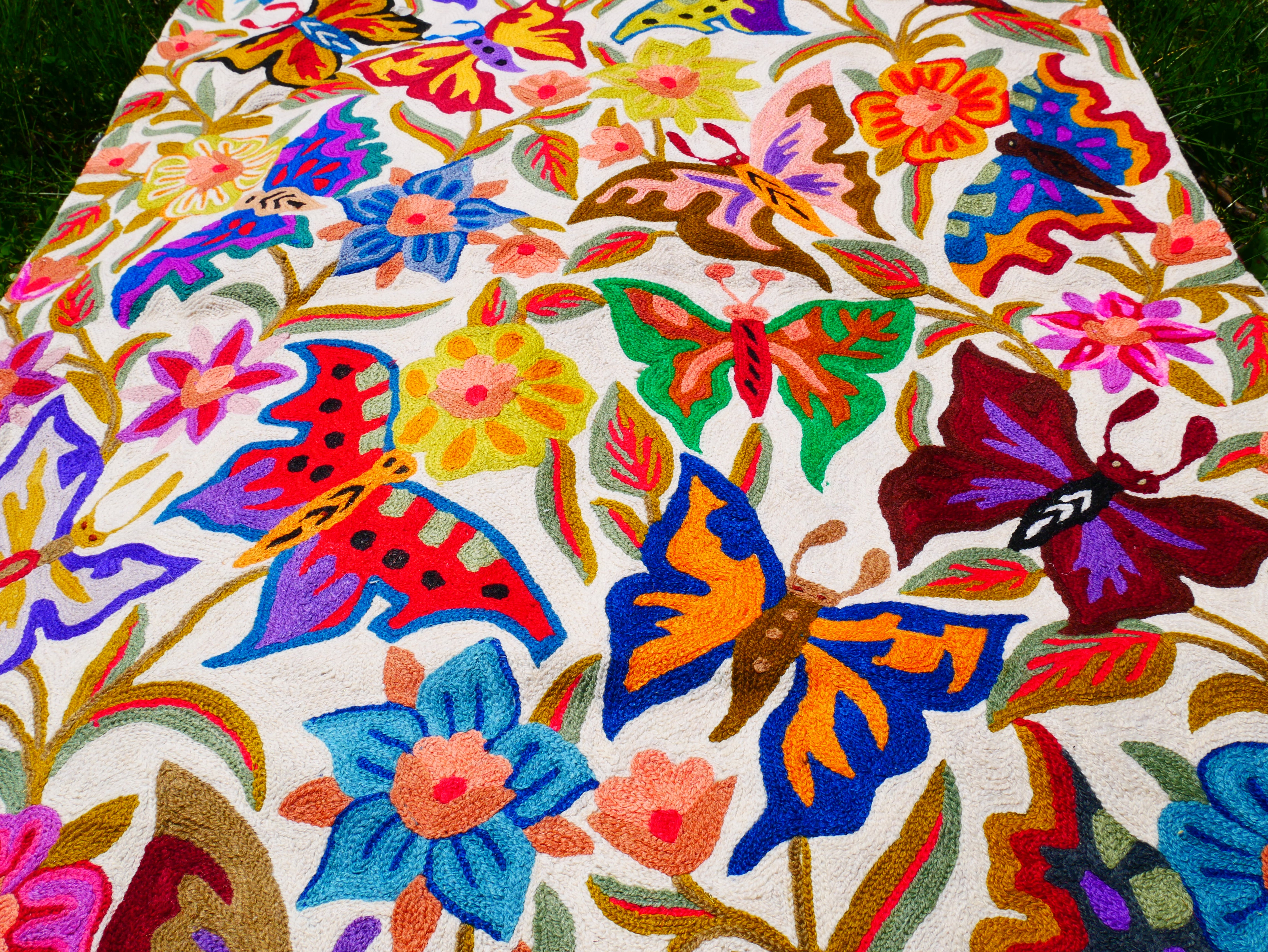 Kashmiri wool rug 2x3 Butterfly embroidery rug - decorative wall or accent rug