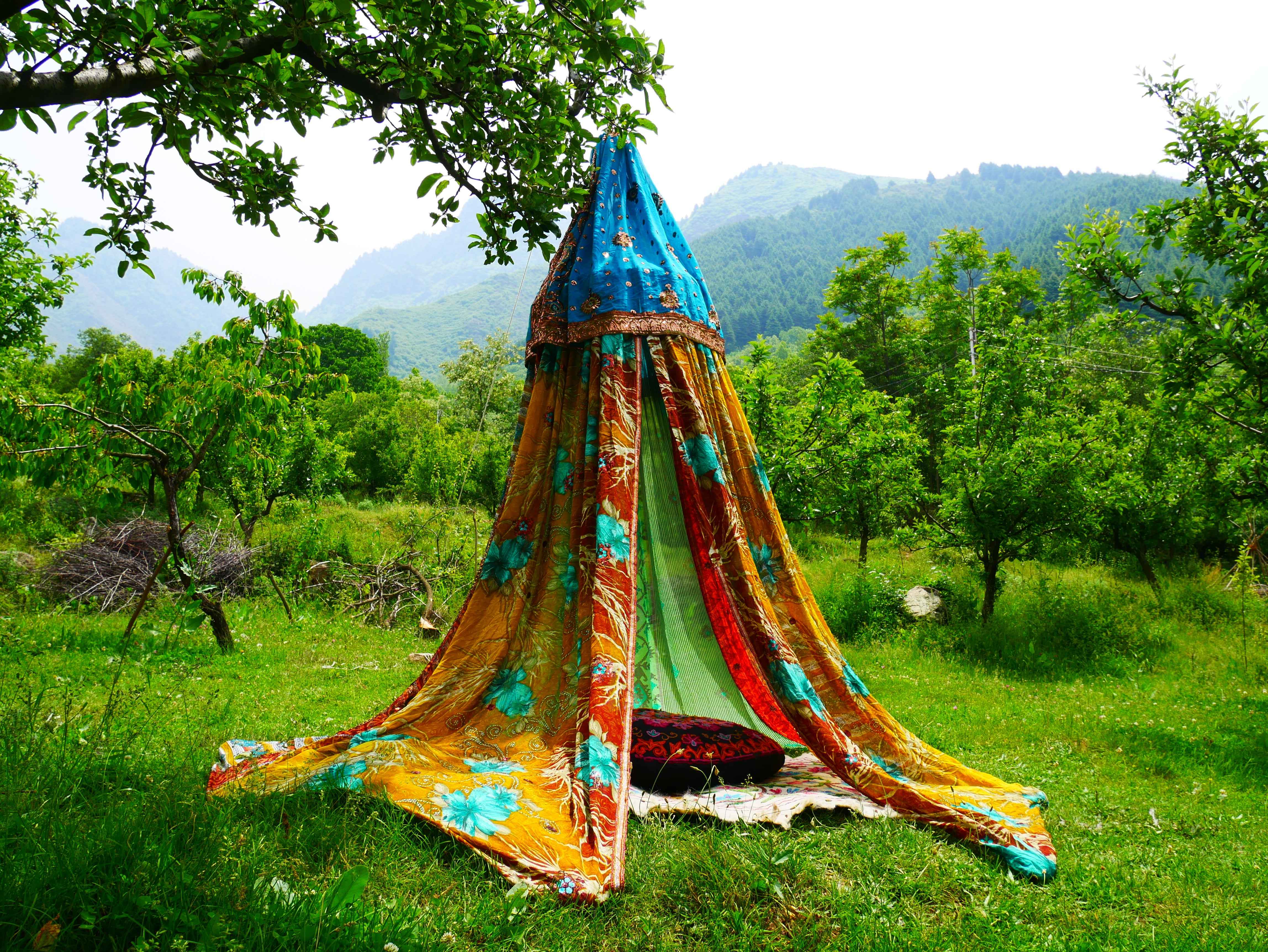 Shanti Canopy Saree tent - bed canopy | Kashmiri baldachin for Meditation Spaces or Reading nooks