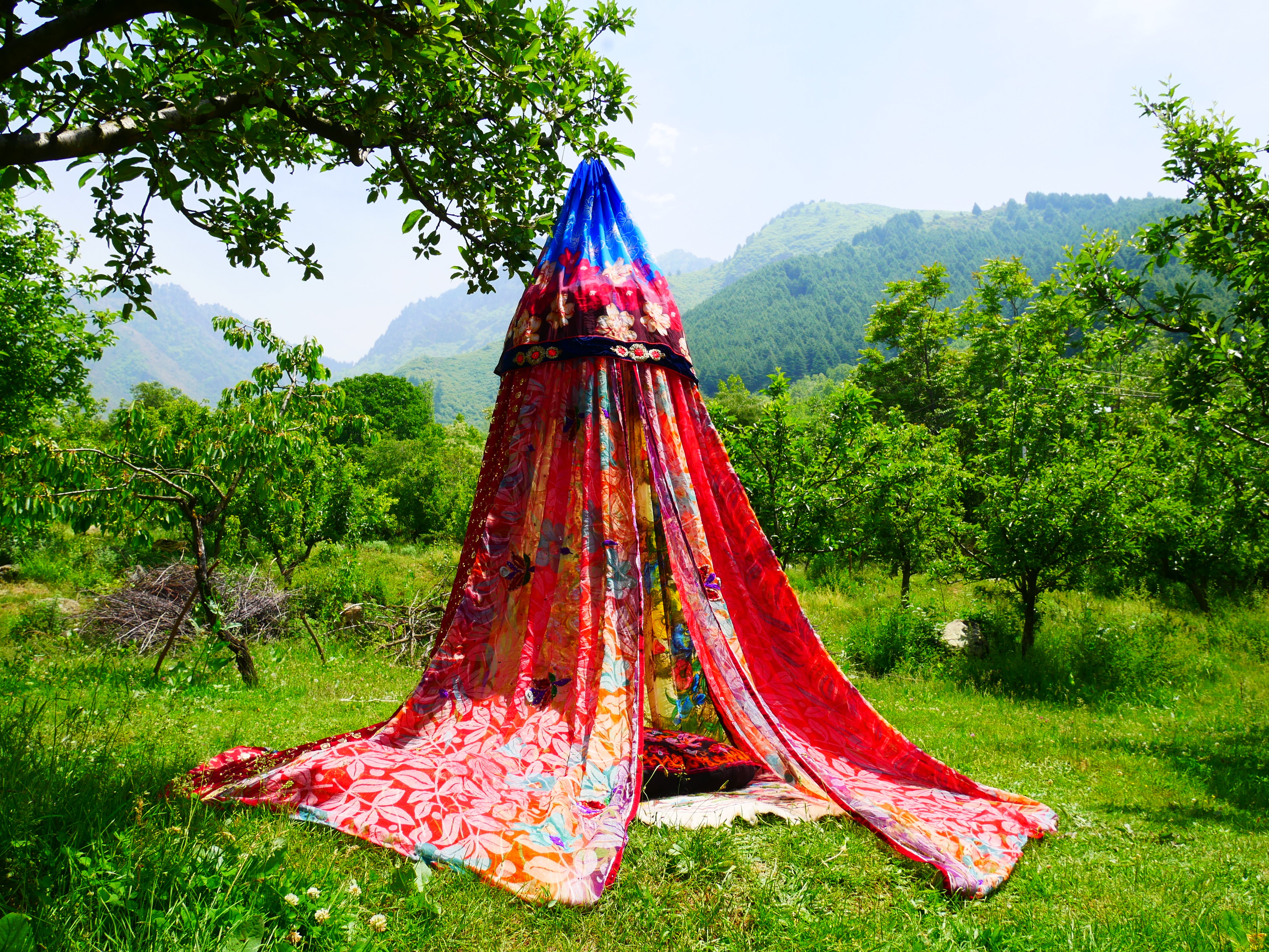 Shanti Canopy Saree tent - bed canopy | Kashmiri baldachin for Meditation Spaces or Reading nooks