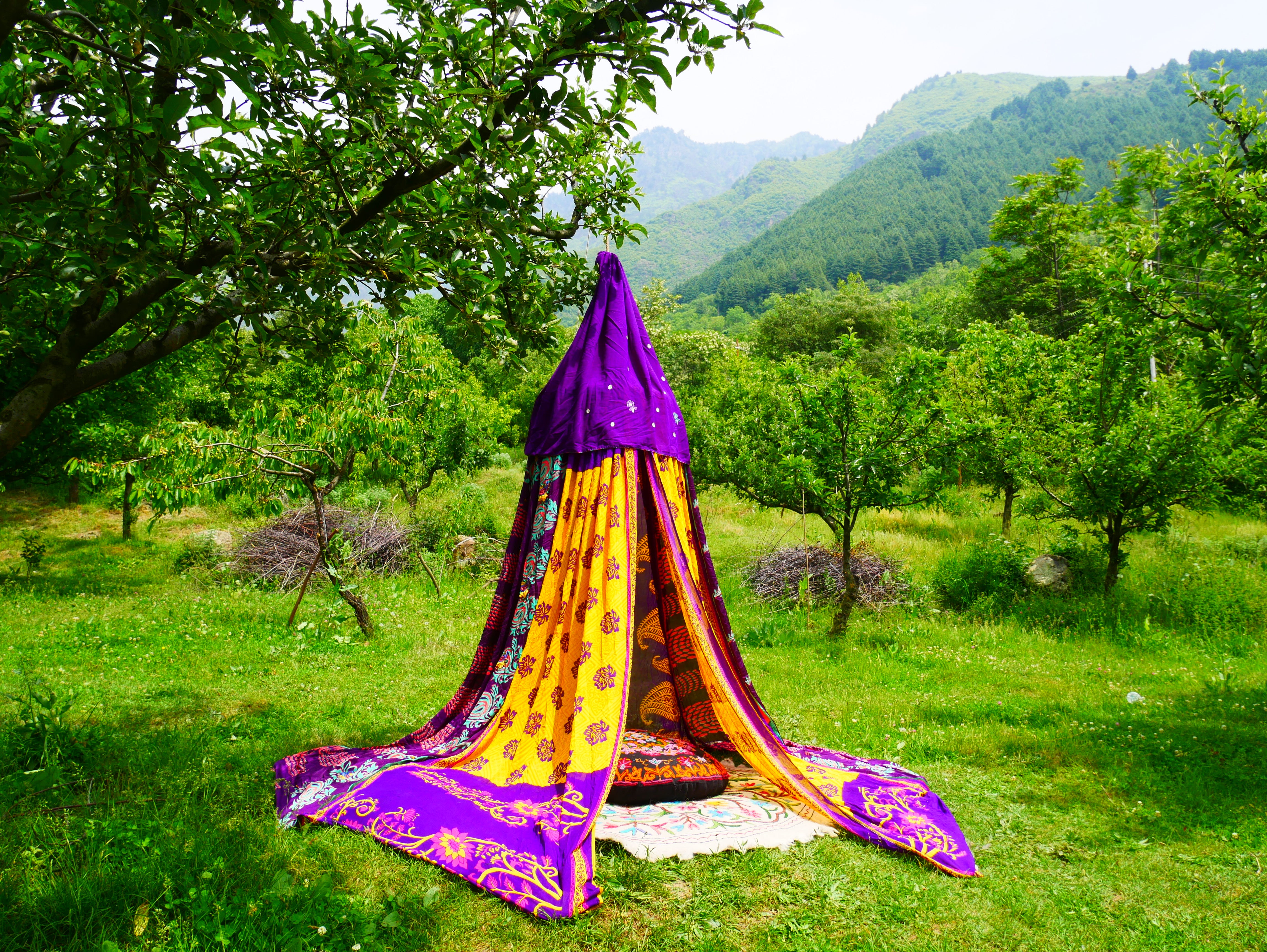 Tienda de sari con dosel kashmiri - Dosel para cama | Decoración para festivales o glamping - Dosel Shanti para espacios de meditación o tienda de juegos para niños