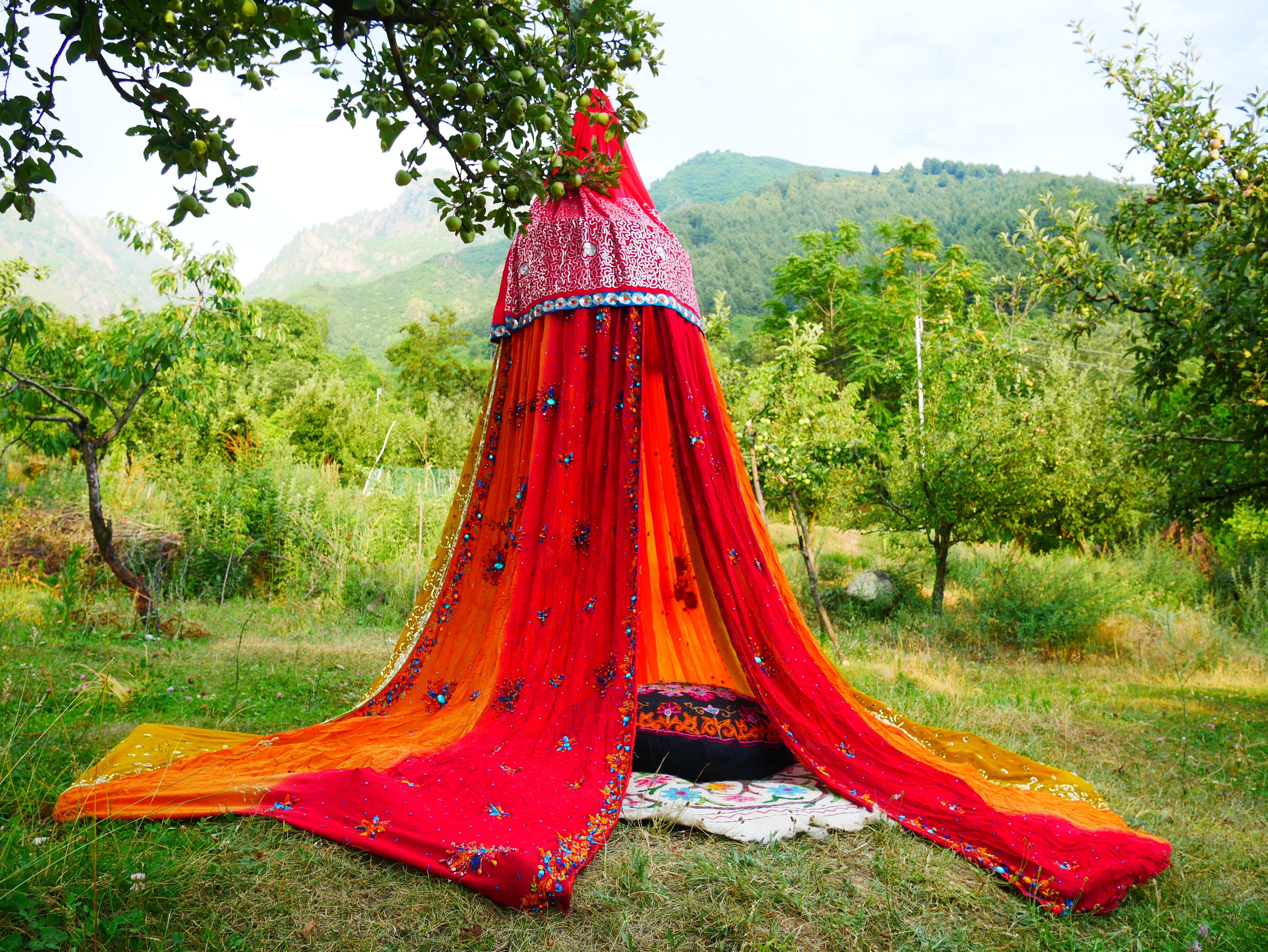 Shanti Canopy Saree tent - bed canopy | Kashmiri baldachin for Meditation Spaces or Reading nooks