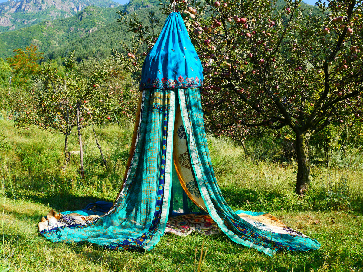 Shanti Canopy Saree tent - bed canopy | Kashmiri baldachin for Meditation Spaces or Reading nooks
