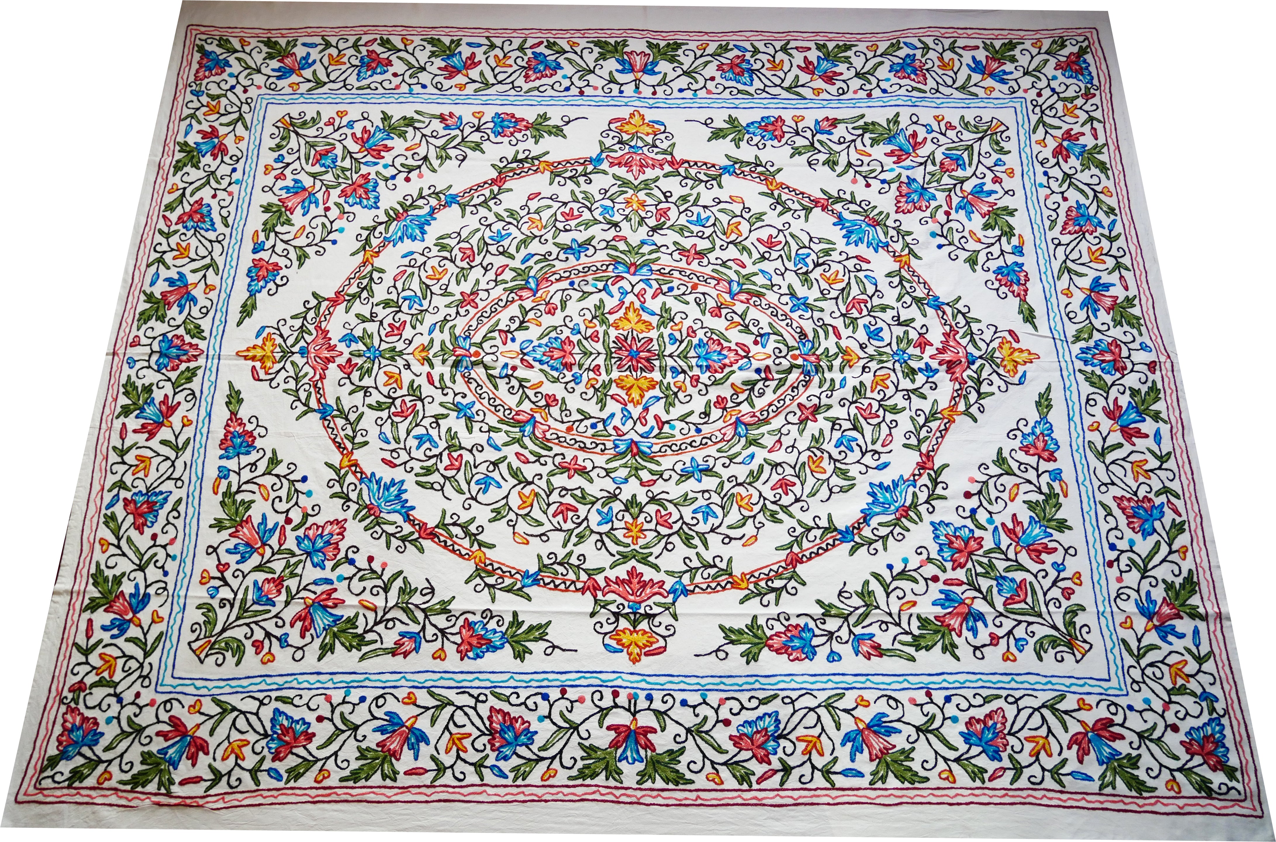 Hand embroidered Kashmiri bedspread - colorful crewel embroidery - large boho bed throw - The Shanti Home