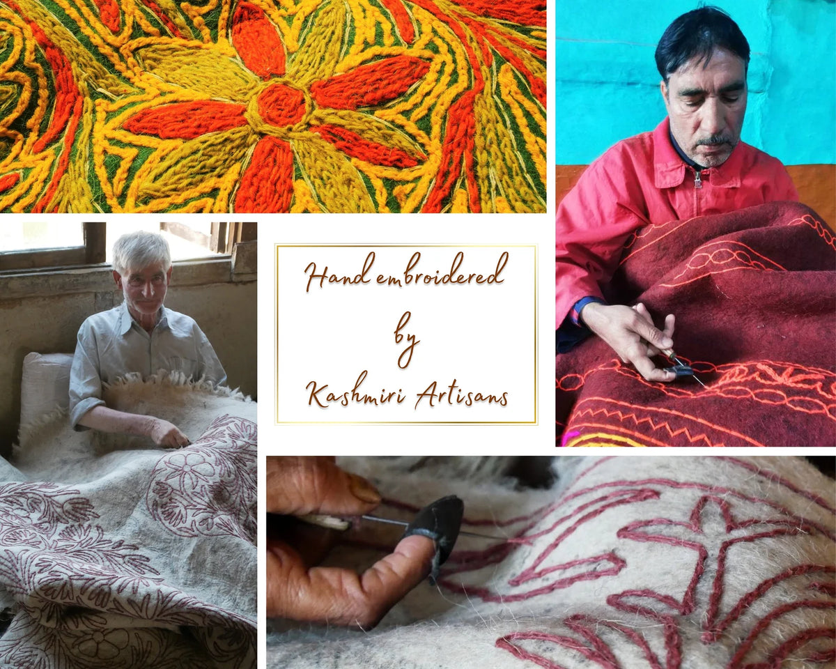 Kashmiri Artisan Rug Hand-Felted Namda From Kashmir | Floral Embroidered Boho Area Carpet
