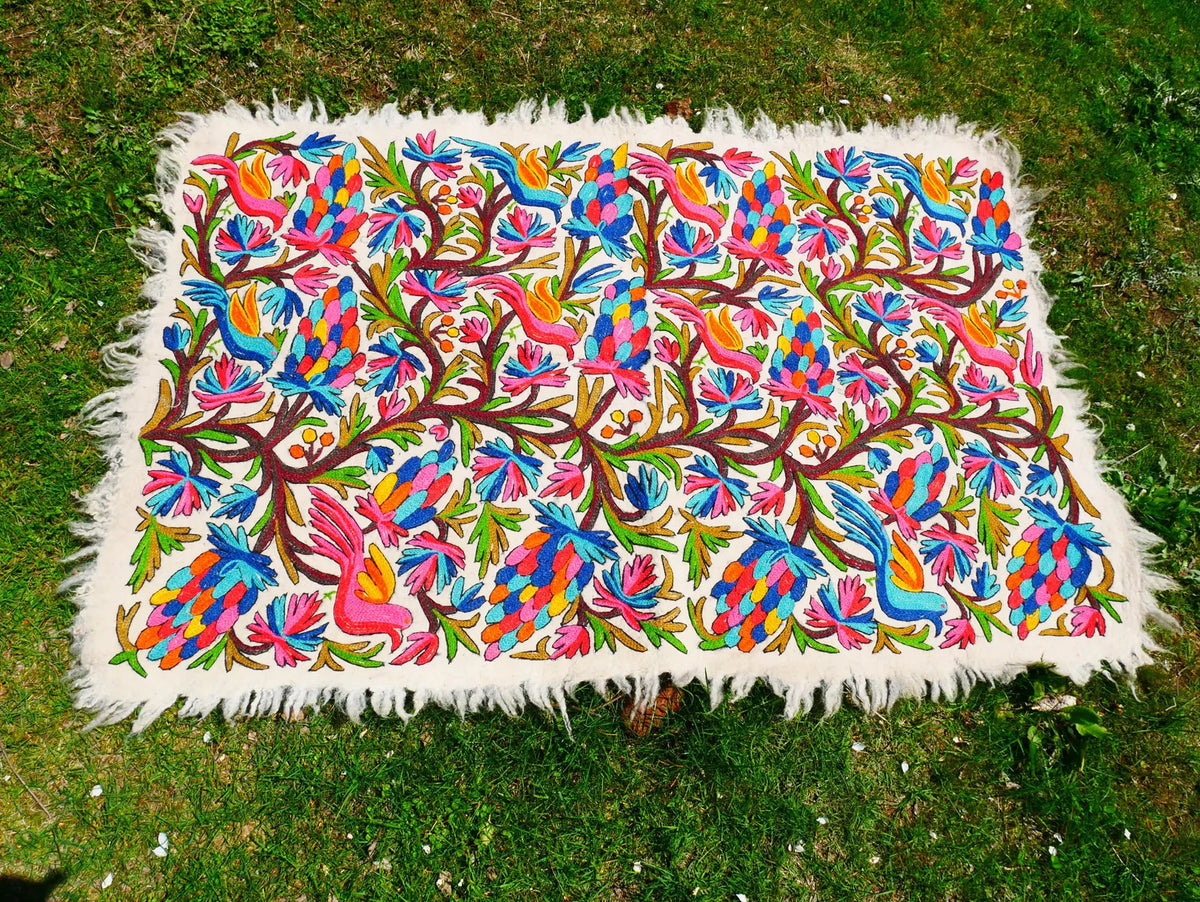 Kashmiri Artisan Rug Hand-Felted Namda From Kashmir | Floral Embroidered Boho Area Carpet