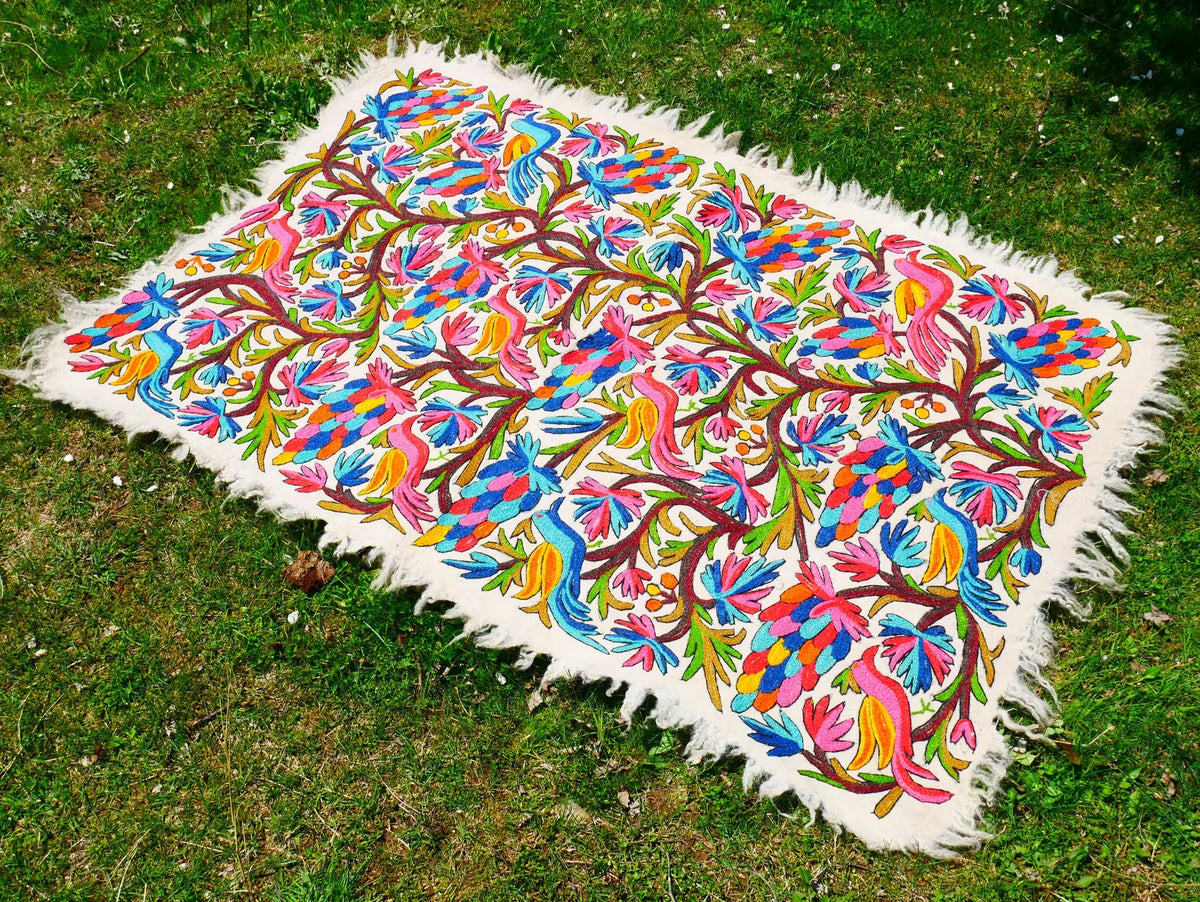 Kashmiri Artisan Rug Hand-Felted Namda From Kashmir | Floral Embroidered Boho Area Carpet
