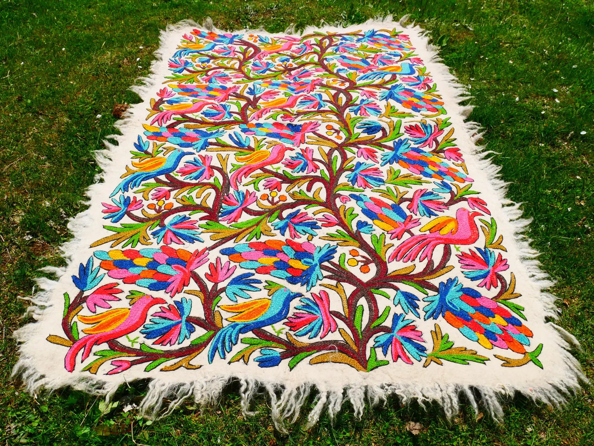 Kashmiri Artisan Rug Hand-Felted Namda From Kashmir | Floral Embroidered Boho Area Carpet