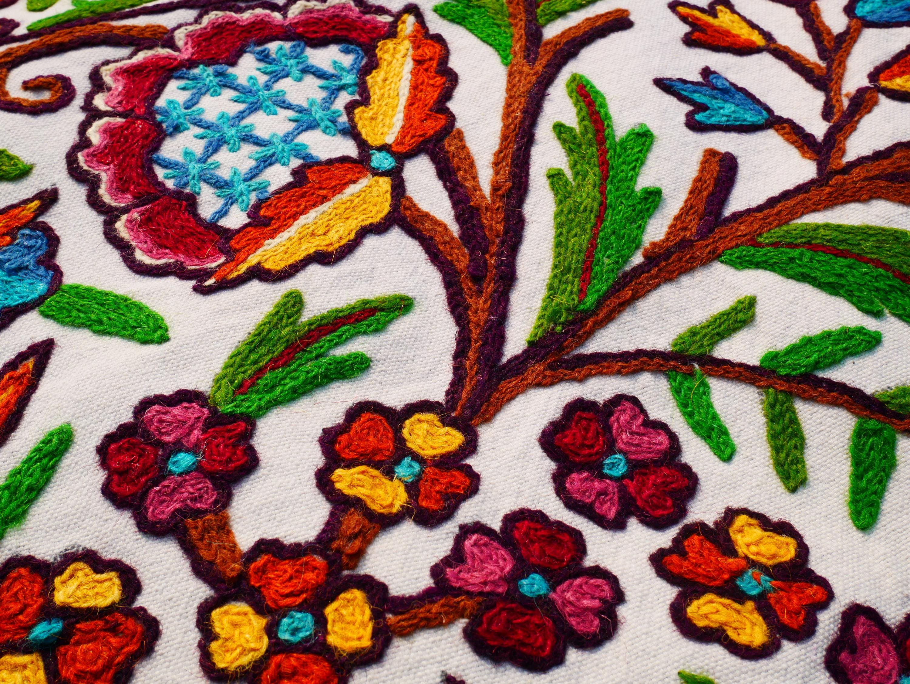 Kashmiri Embroidered Wall Hanging — Floral design, Wool on Cotton