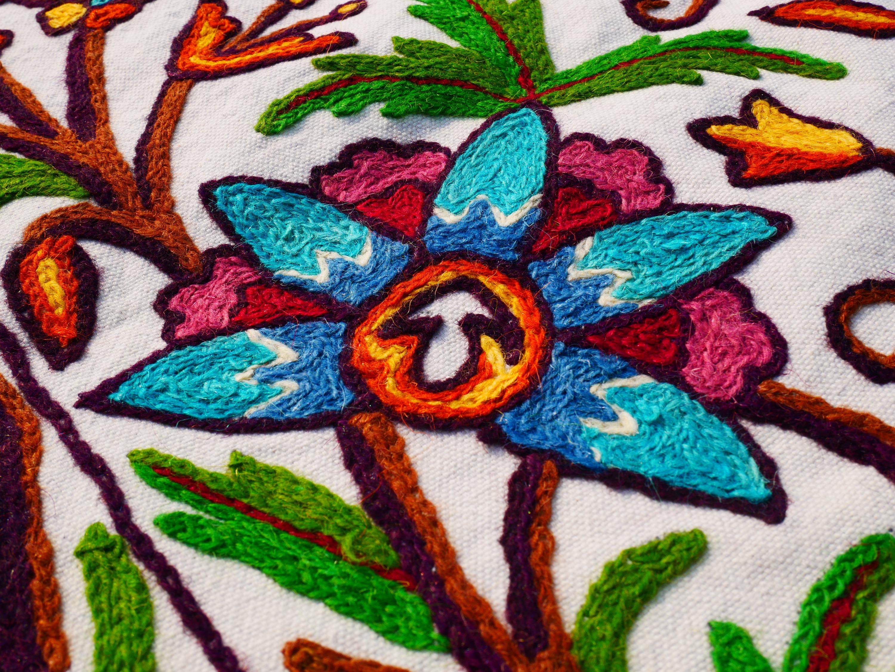 Kashmiri Embroidered Wall Hanging — Floral design, Wool on Cotton