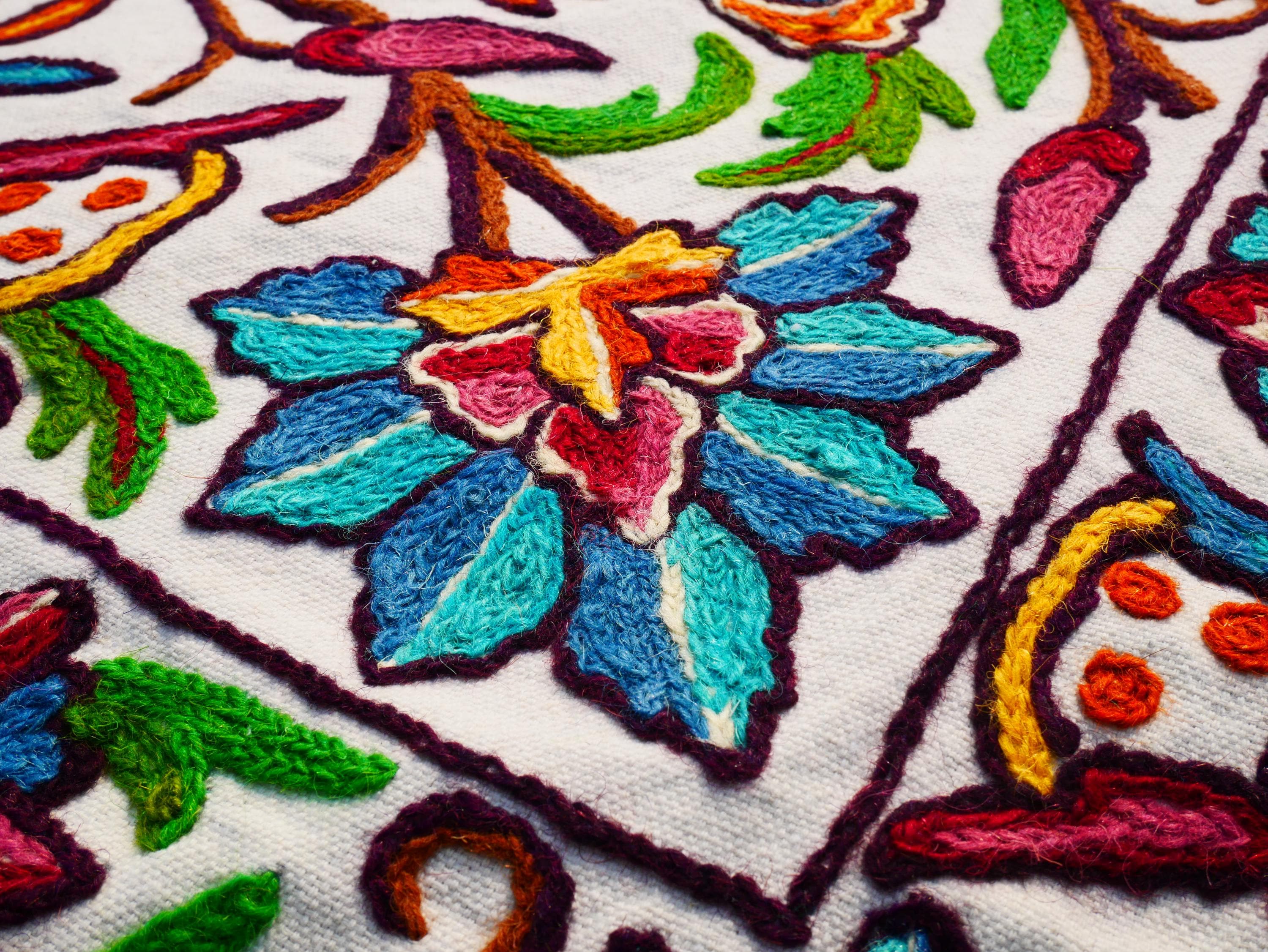 Kashmiri Embroidered Wall Hanging — Floral design, Wool on Cotton