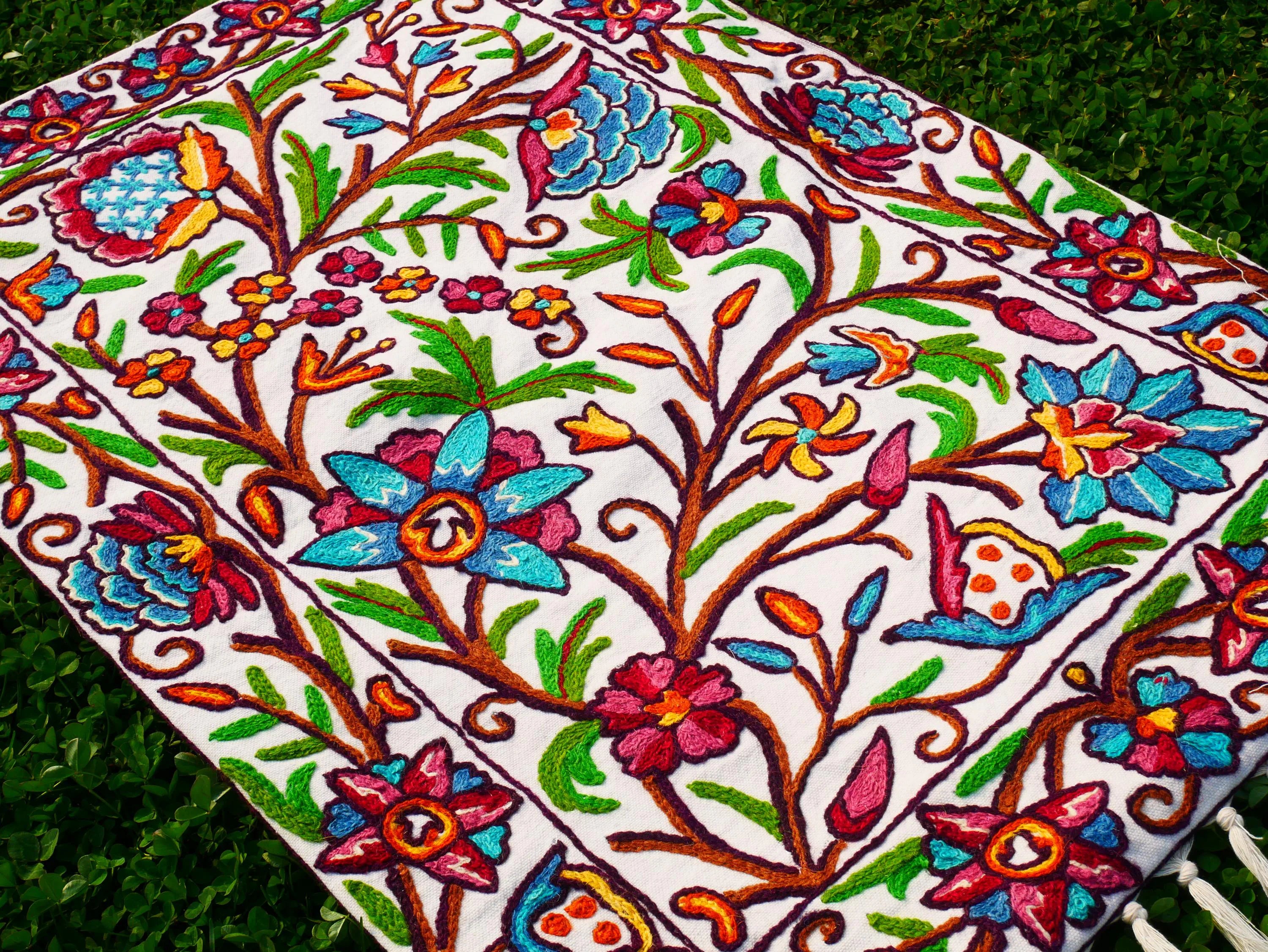 Kashmiri Embroidered Wall Hanging — Floral design, Wool on Cotton