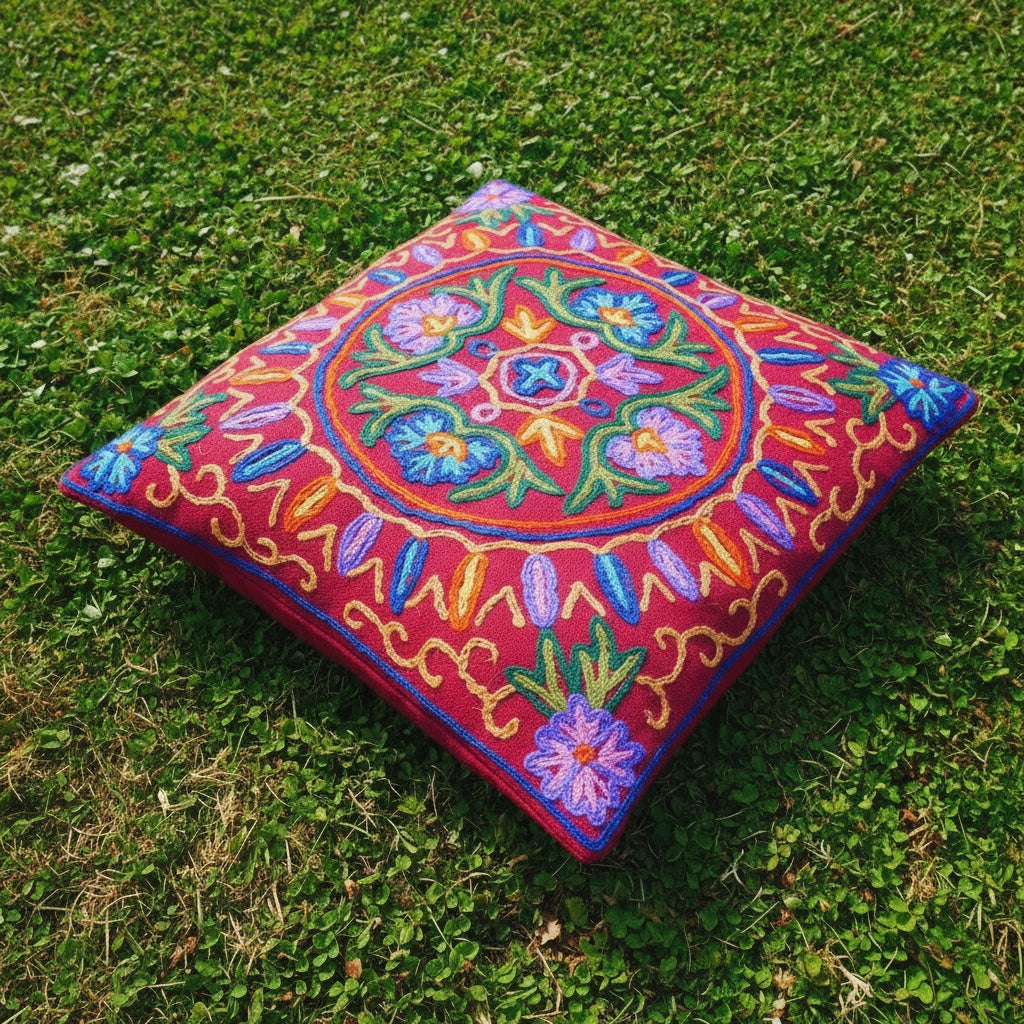 Fundas de almohada coloridas de Crewel de Cachemira: Hechas a mano por artesanos 16x16 pulgadas