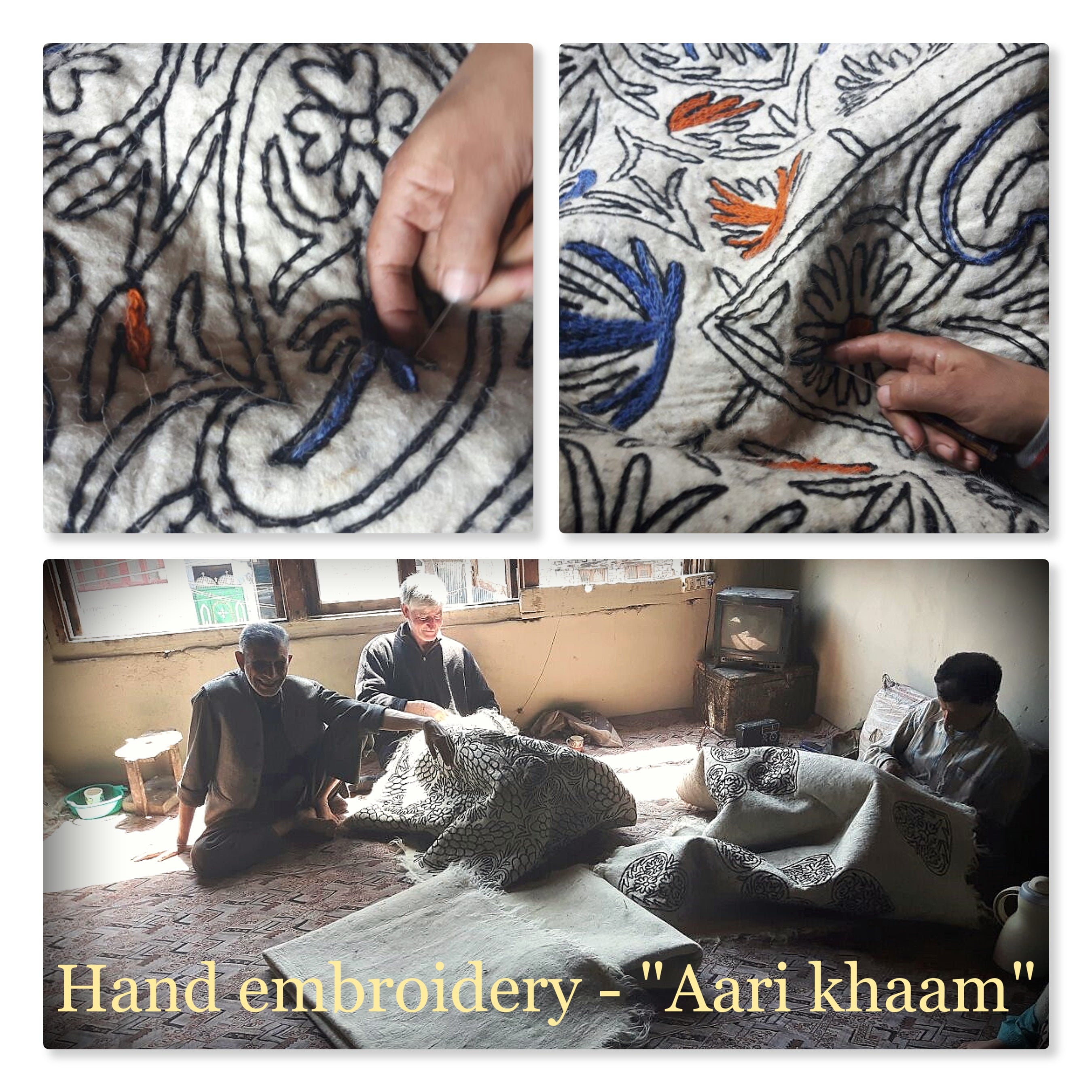 Round wool rug "Namda" from Kashmir hand felted and embroidered | blue and white floral - The Shanti Home