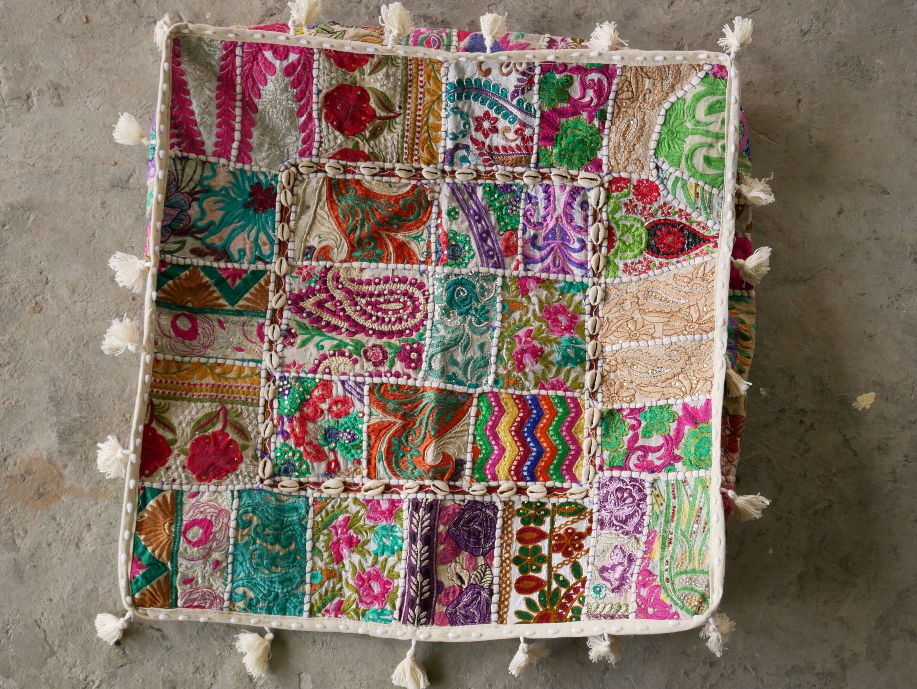 White patchwork floor cushion cover 24" large floor pillow cover - boho stlye floor seating - The Shanti Home
