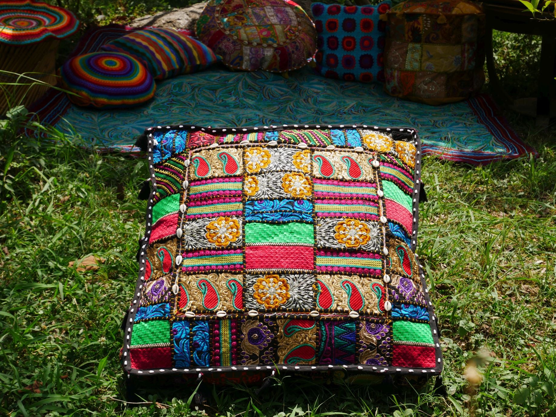24" floor pillow, bohemian patchwork floor cushion cover | Indian meditation cushion - The Shanti Home