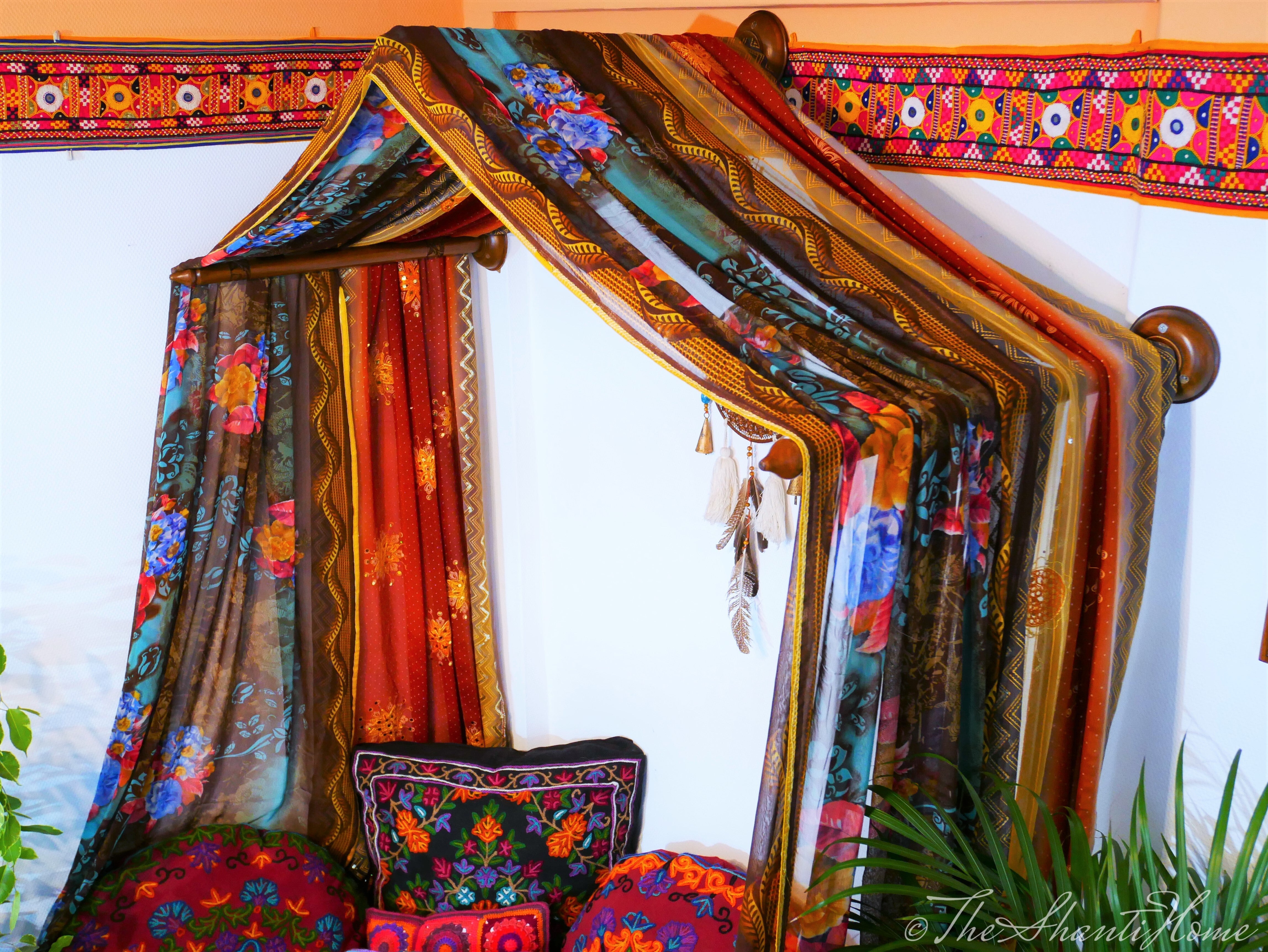 Boho bed canopy - custom made saree canopy frame with handcrafted walnut wood rods | bed curtains - meditation space - The Shanti Home