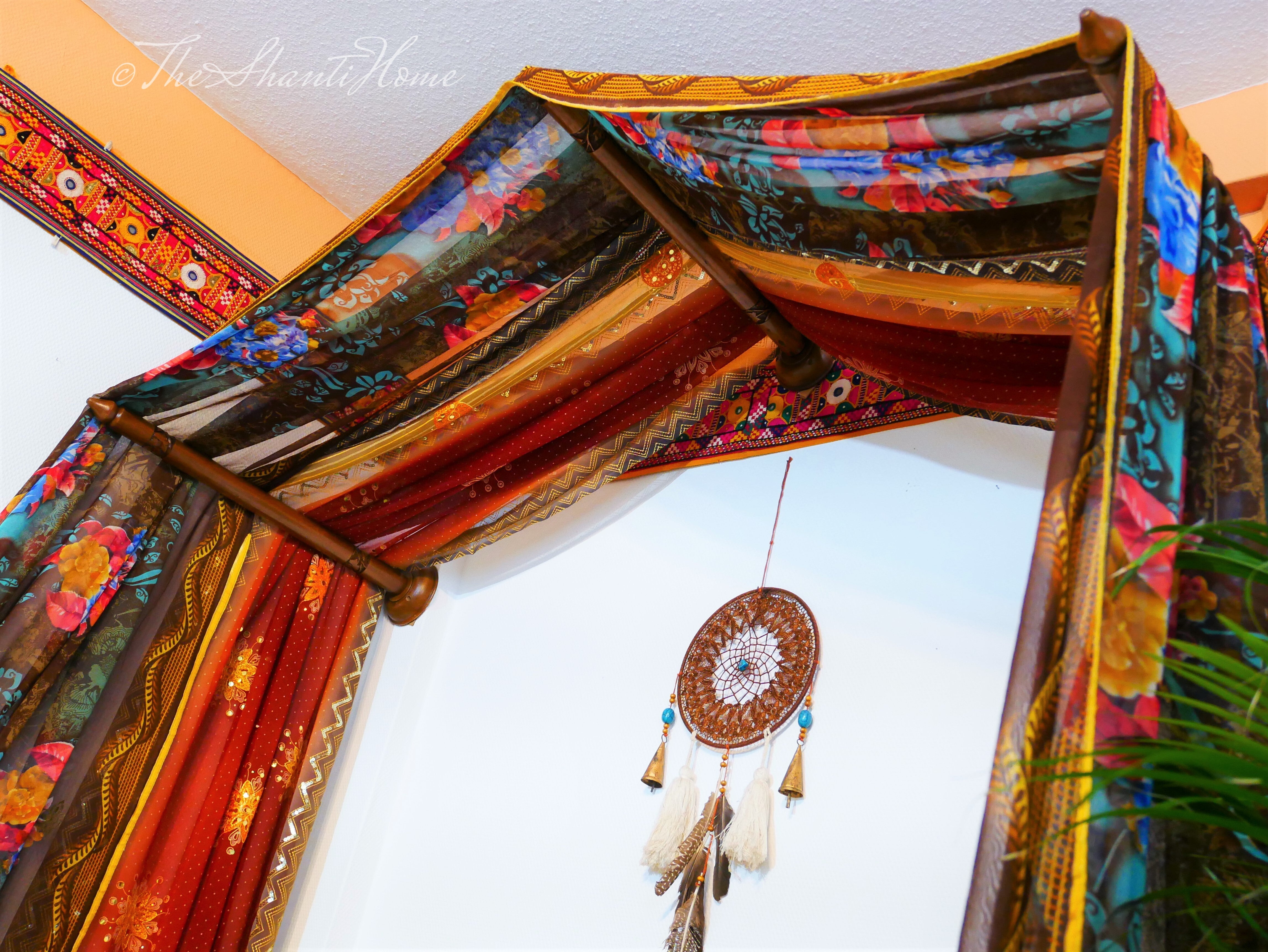 Boho bed canopy - custom made saree canopy frame with handcrafted walnut wood rods | bed curtains - meditation space - The Shanti Home