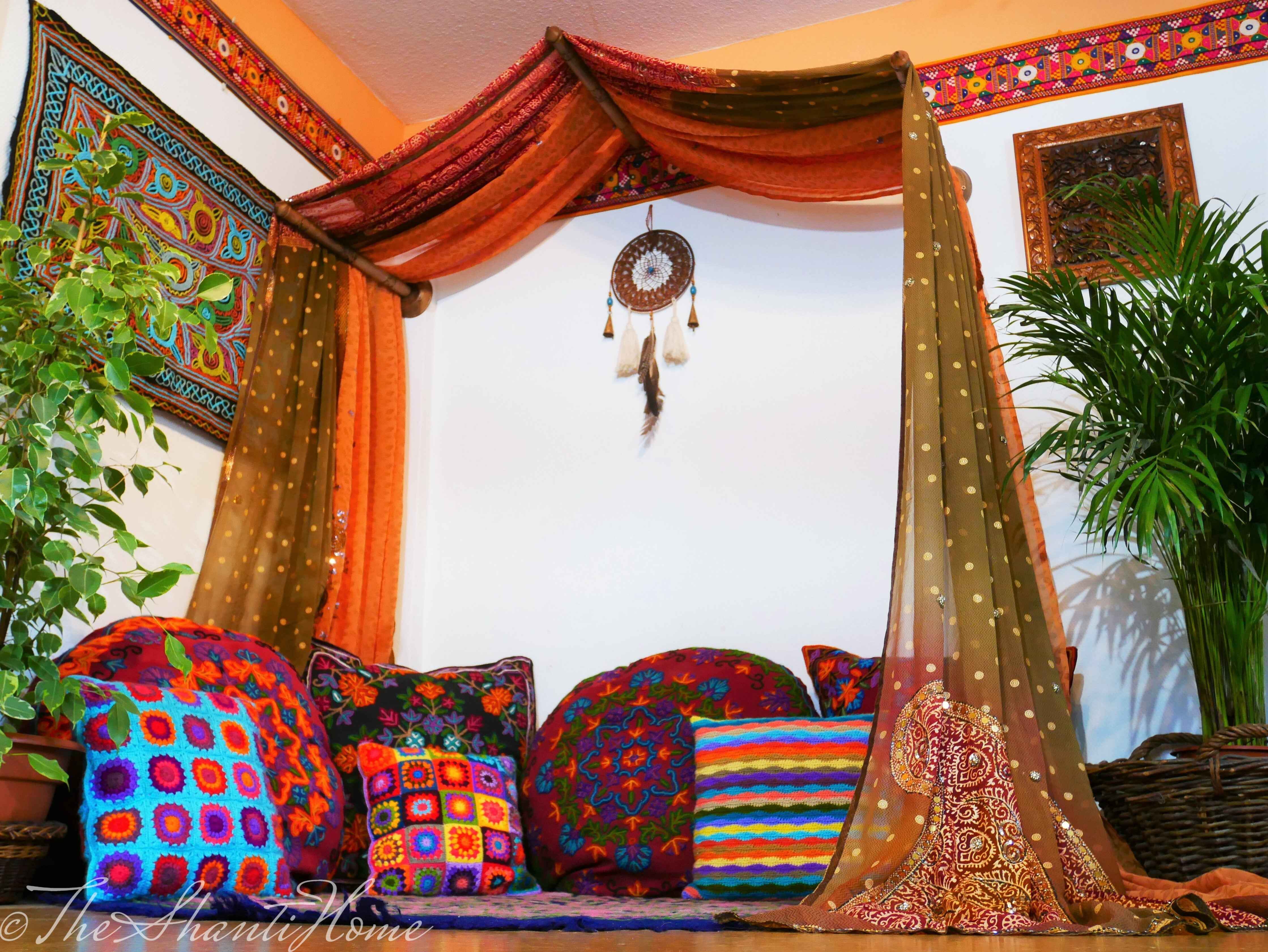 Boho bed canopy "Earth" saree canopy frame with handcrafted walnut wood rods | bed curtains - meditation space