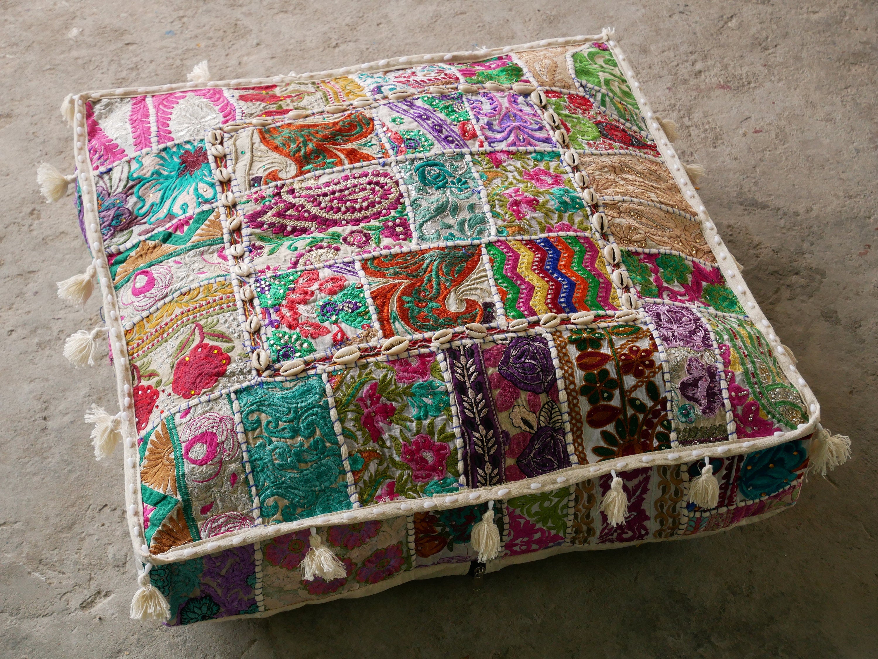 White patchwork floor cushion cover 24" large floor pillow cover - boho stlye floor seating - The Shanti Home