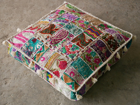 White patchwork floor cushion cover 24" large floor pillow cover - boho stlye floor seating - The Shanti Home