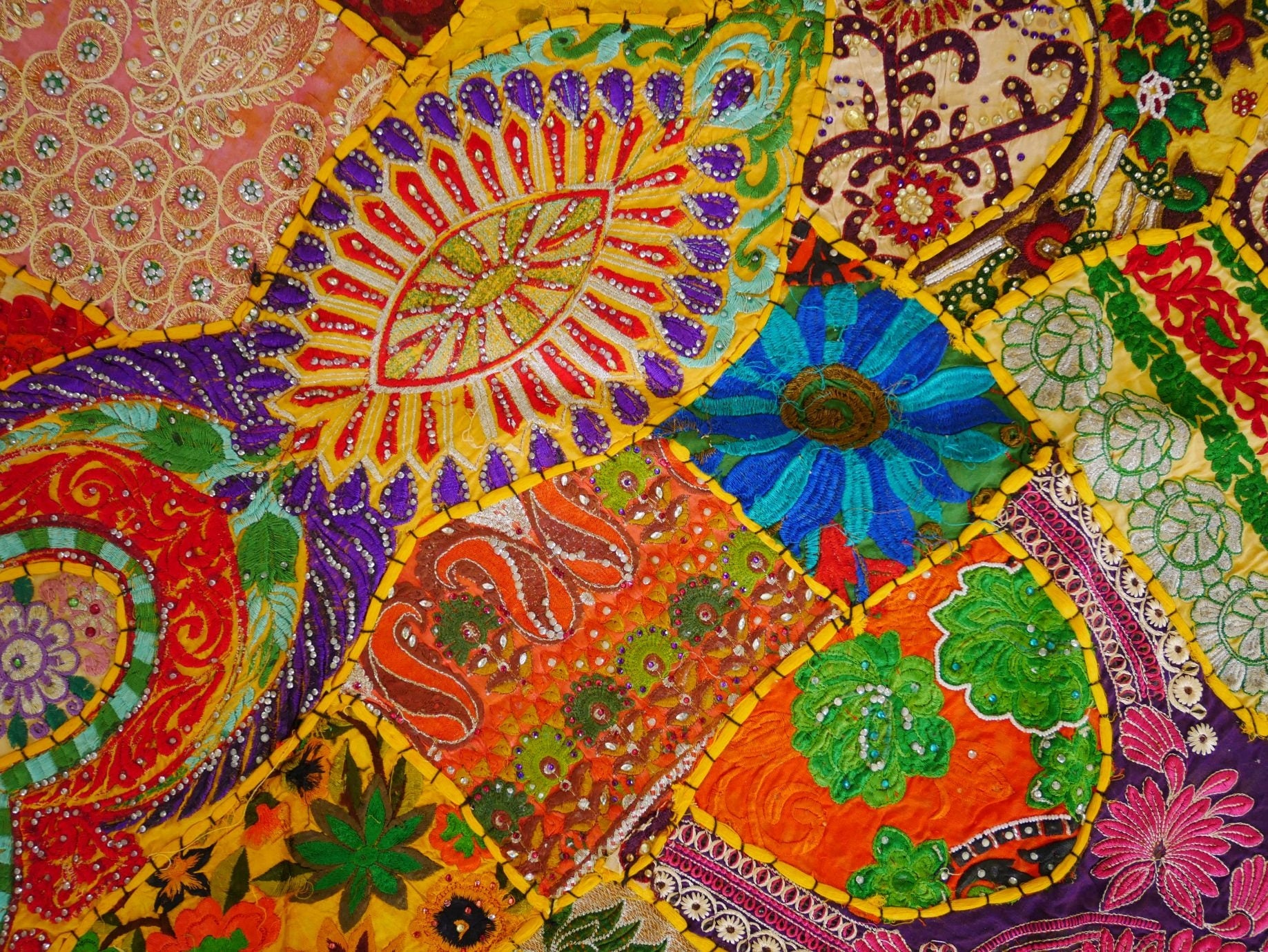 Yellow Patchwork wall tapestry - Indian hippie - boho style wall hanging - The Shanti Home