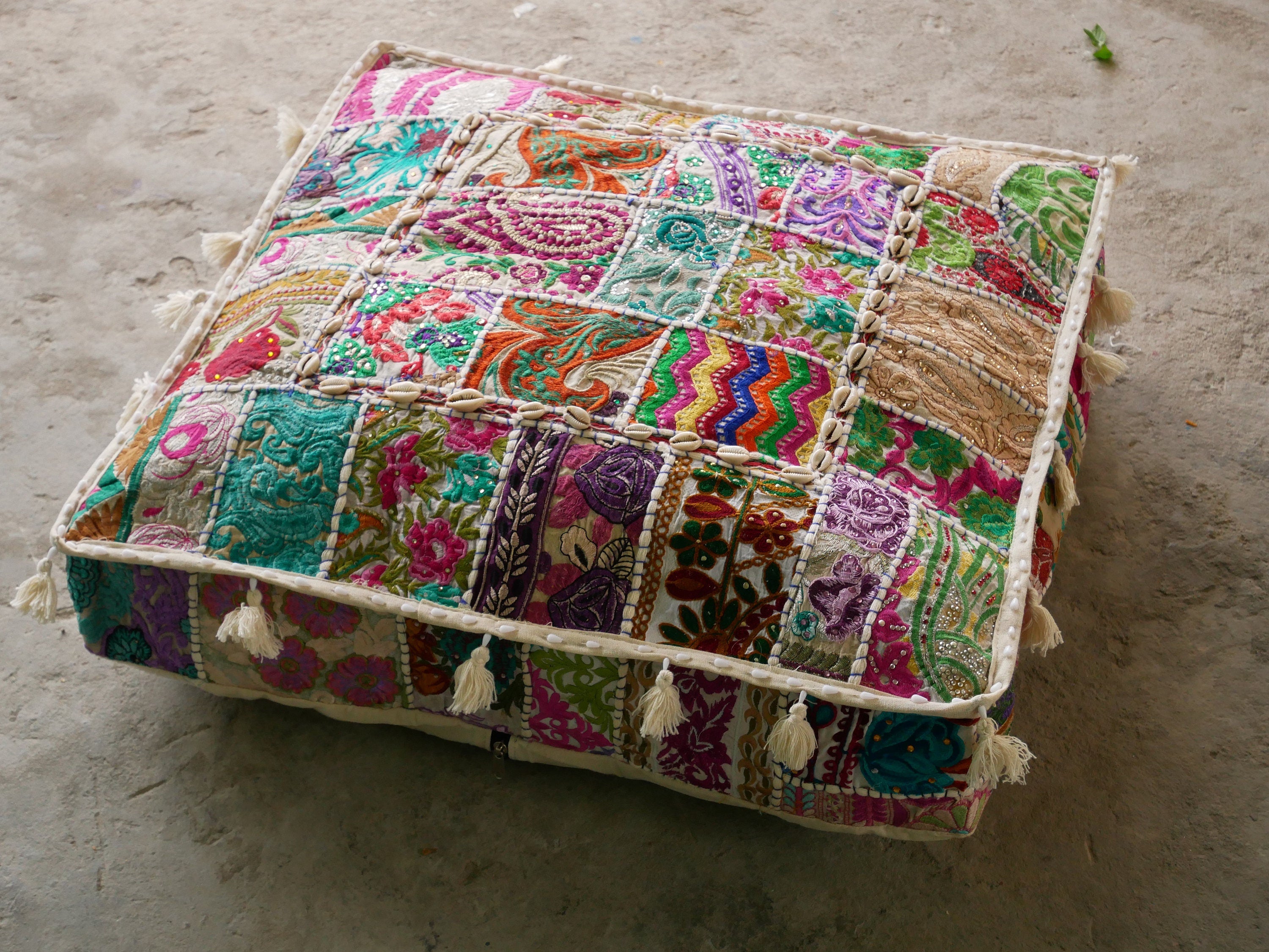 White patchwork floor cushion cover 24" large floor pillow cover - boho stlye floor seating - The Shanti Home
