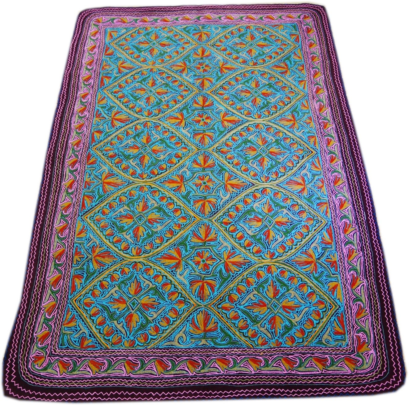 Large wool Namda handmade area rug "Himalayan Jewel" traditional Kashmiri rug, felted wool- hand embroidered 10x7 - The Shanti Home