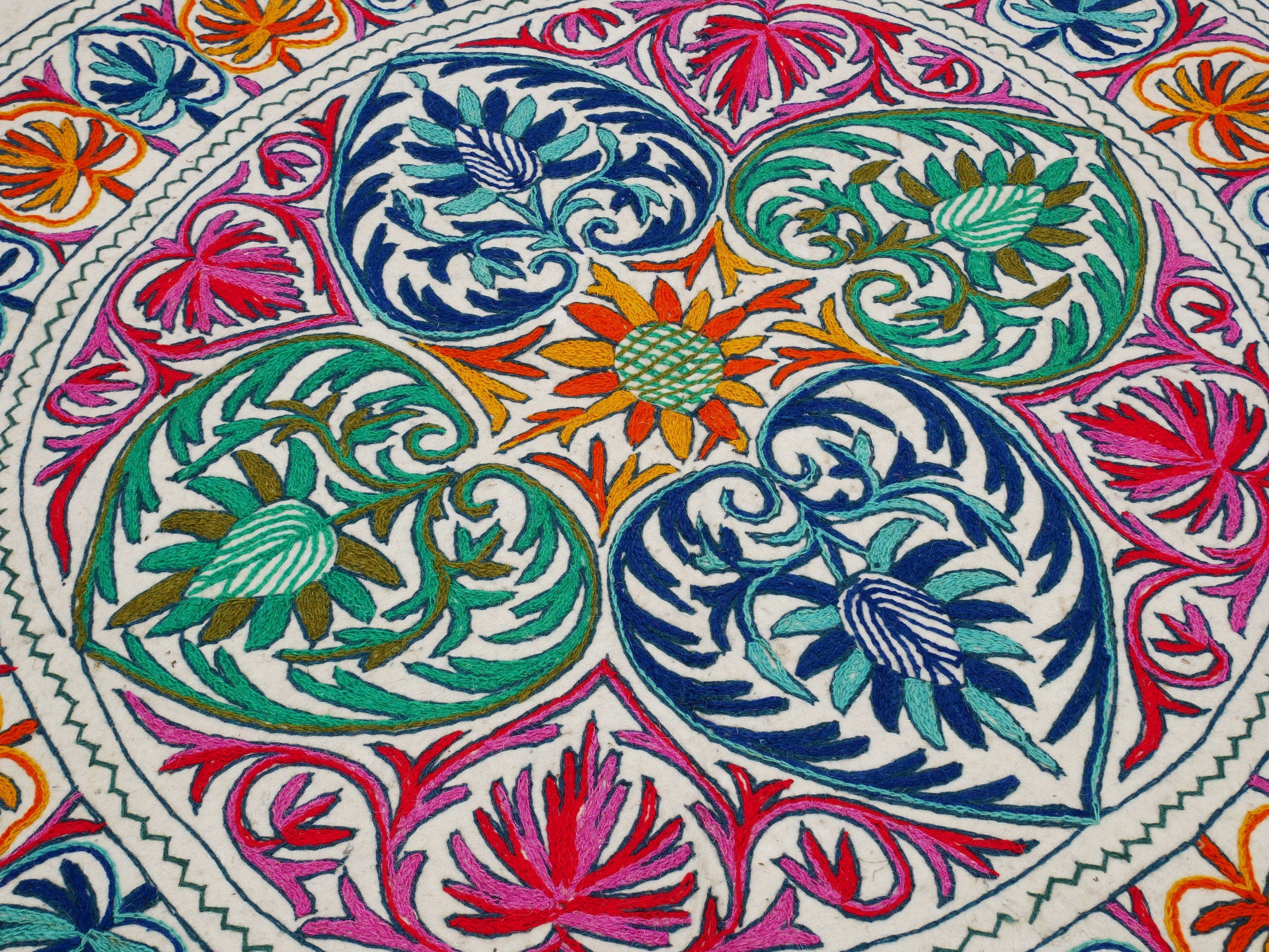 5ft Namda - boho wool rug | hand felted and embroidered - Kashmiri area rug - The Shanti Home