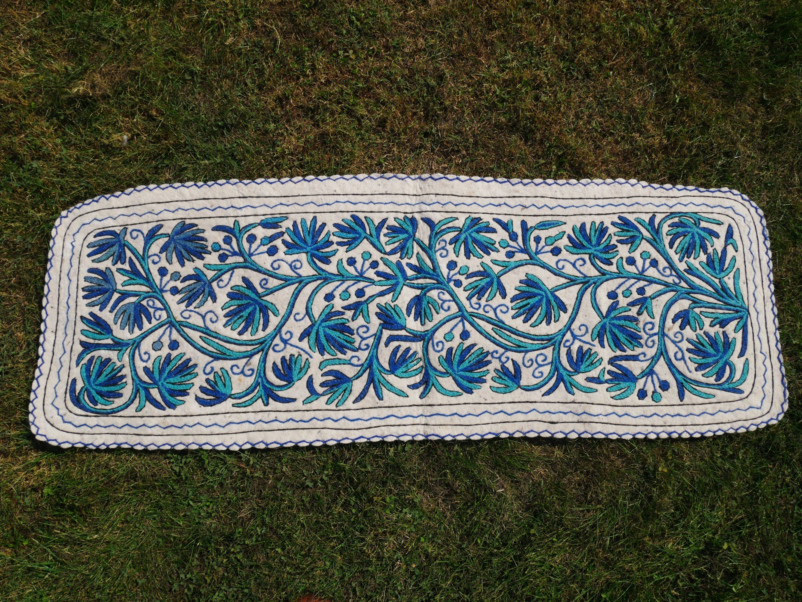 Kashmiri floor runner rug - blue and white soft, hand felted wool "Namda" rug - The Shanti Home
