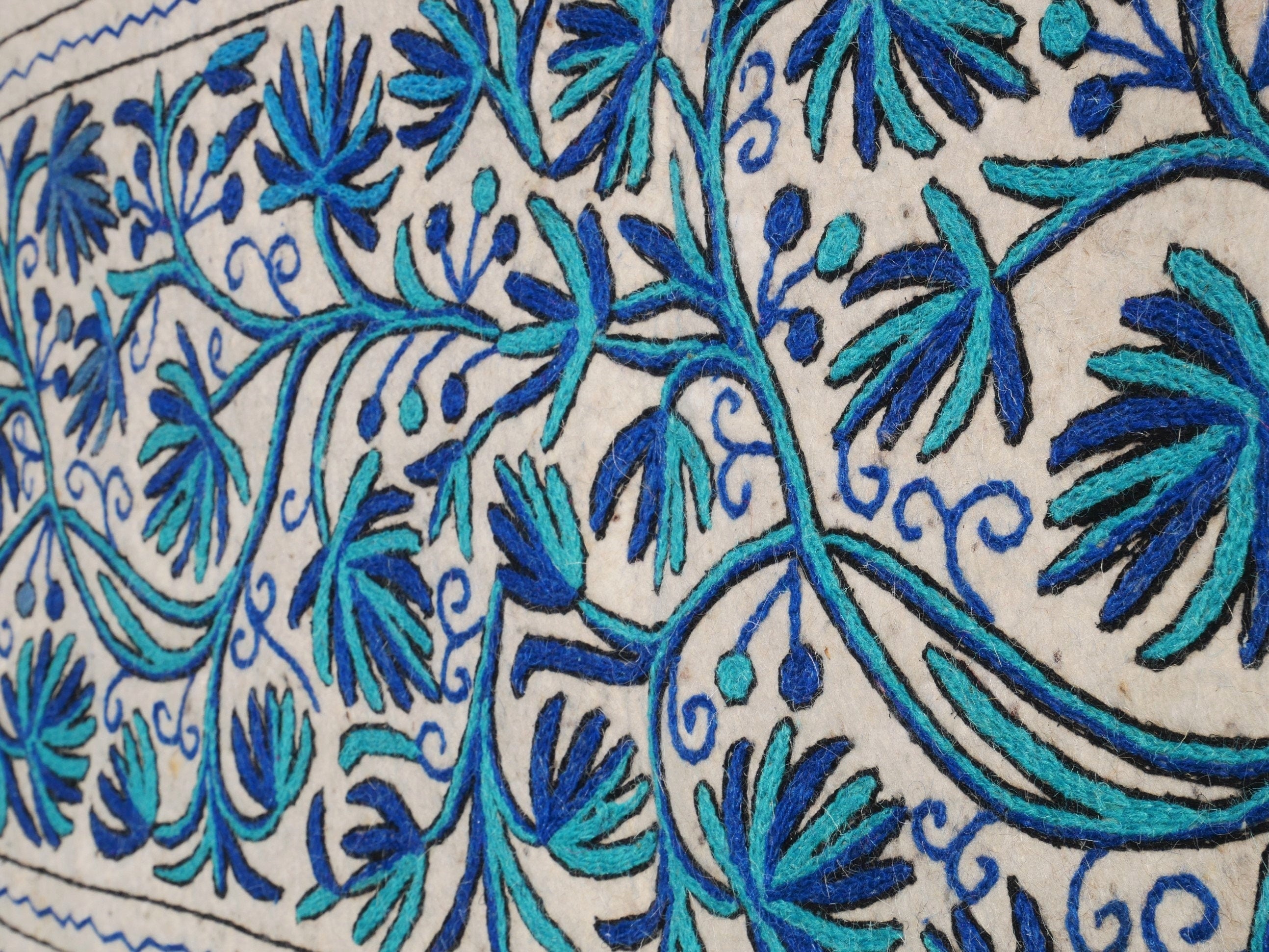 Kashmiri floor runner rug - blue and white soft, hand felted wool "Namda" rug - The Shanti Home