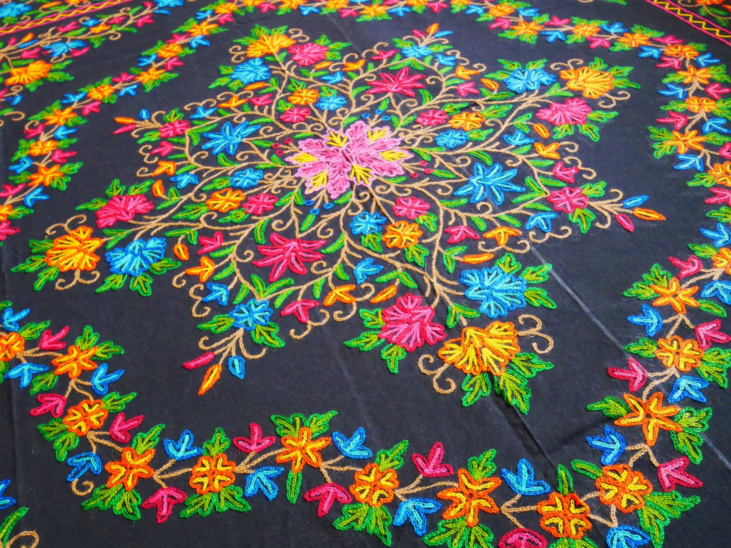 Boho bedding "Shanti Garden" luxury bed cover - hand embroidered queen bedspread - black cotton, floral embroidery - bohemian throw - The Shanti Home