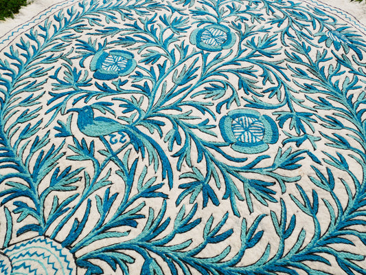Round wool rug "Namda" from Kashmir hand felted and embroidered | blue and white floral - The Shanti Home