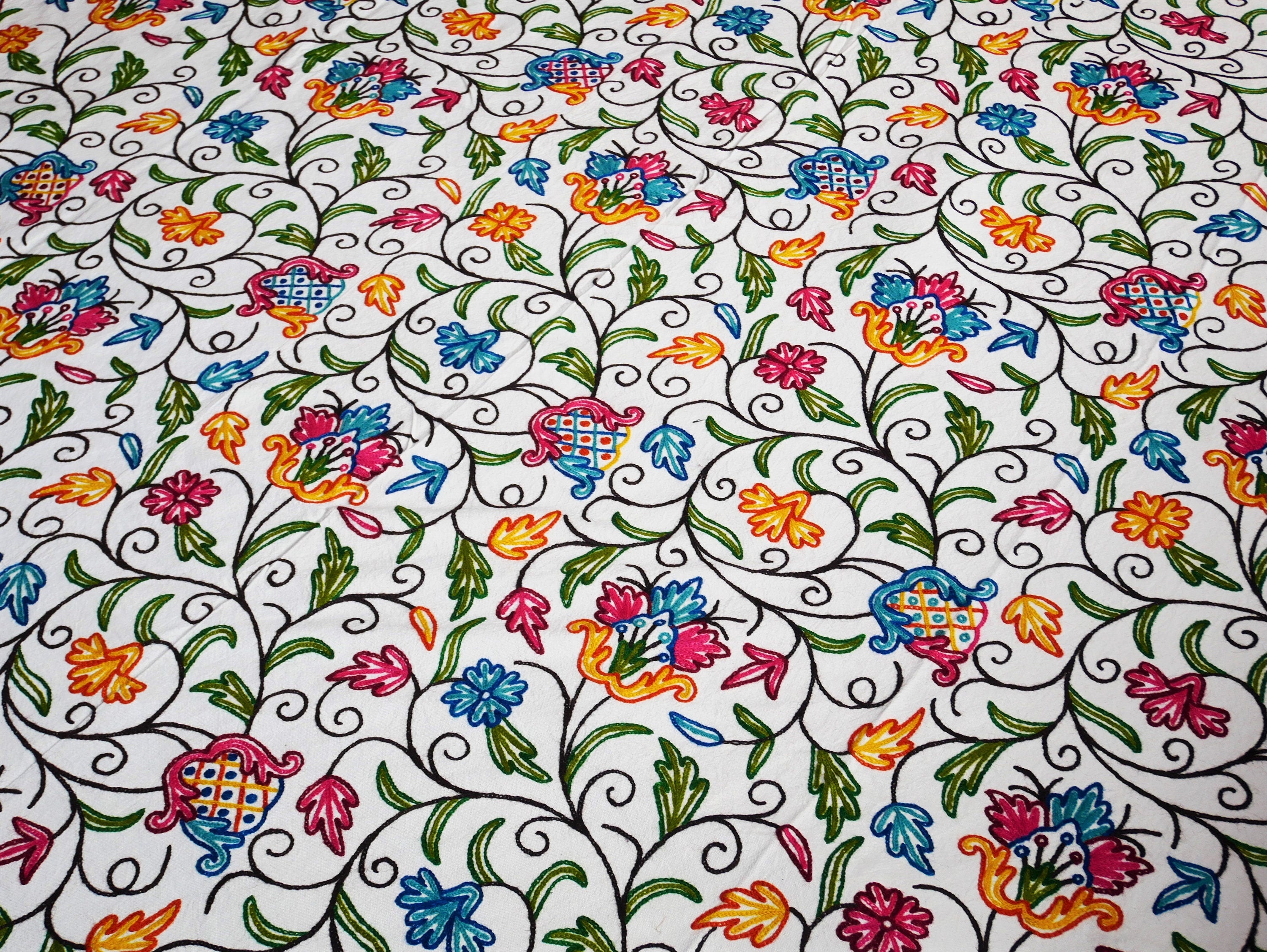Bohemian bedding - luxury Indian bed throw | Kashmir Crewel embroidery - colorful bedspread, floral design - The Shanti Home