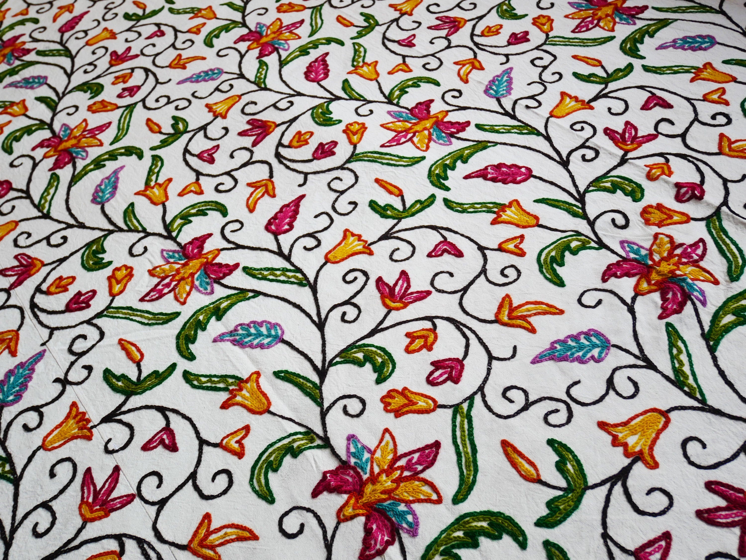 Hand embroidered Kashmiri bedspread - colorful crewel embroidery - large boho bed throw - The Shanti Home