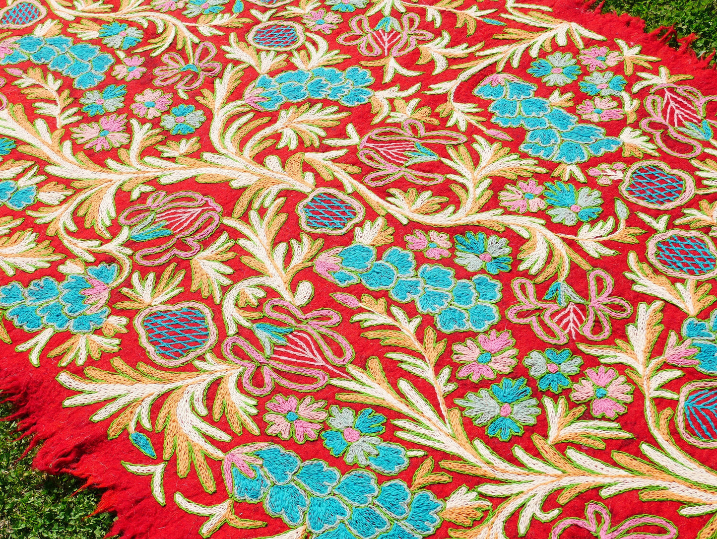 Boho wool rug - handmade traditional Namda from Kashmir | hand felted, embroidered 6x4 bohemian bedroom rug - colorful floral rug - The Shanti Home