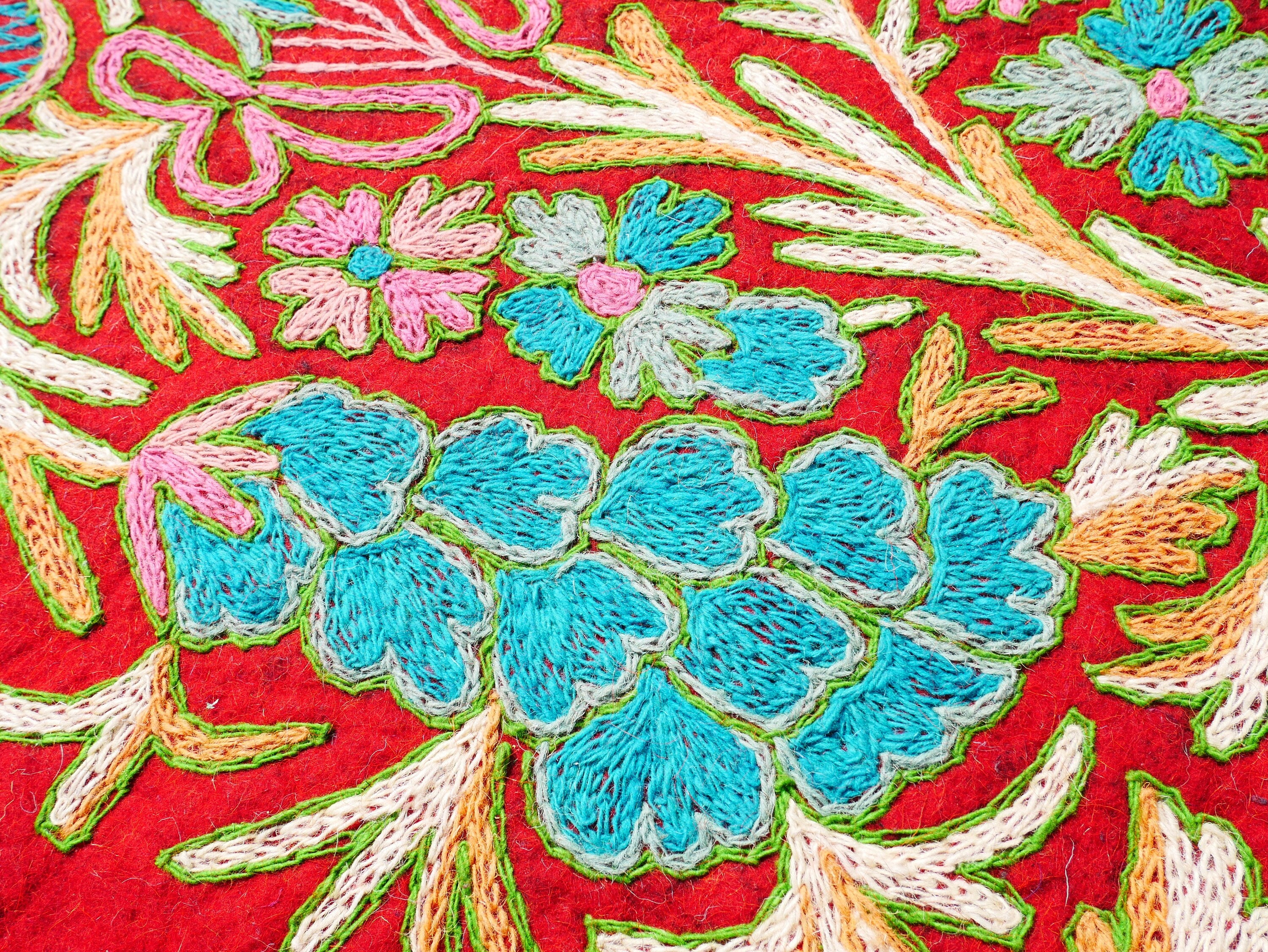 Boho wool rug - handmade traditional Namda from Kashmir | hand felted, embroidered 6x4 bohemian bedroom rug - colorful floral rug - The Shanti Home