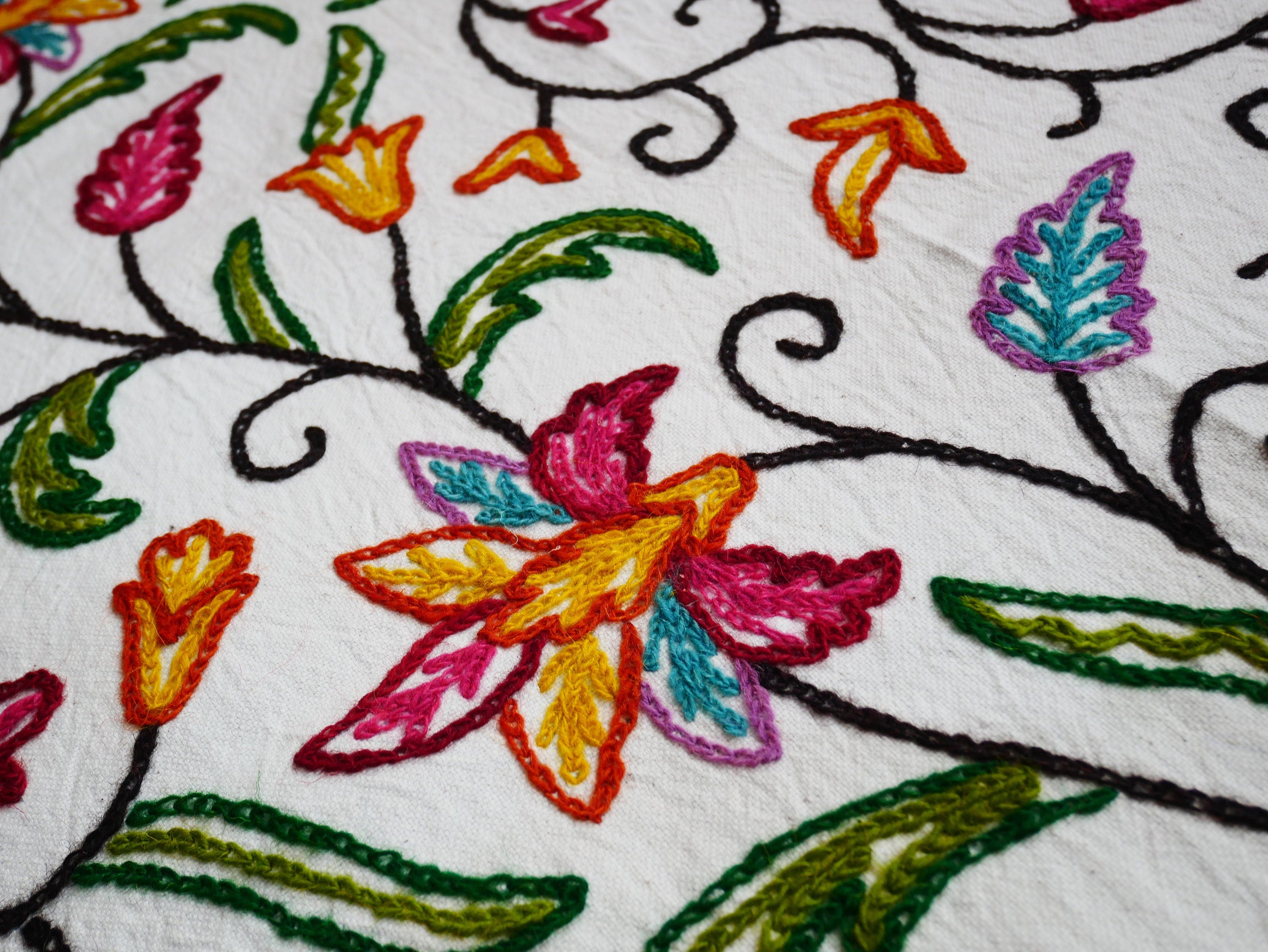 Hand embroidered Kashmiri bedspread - colorful crewel embroidery - large boho bed throw - The Shanti Home