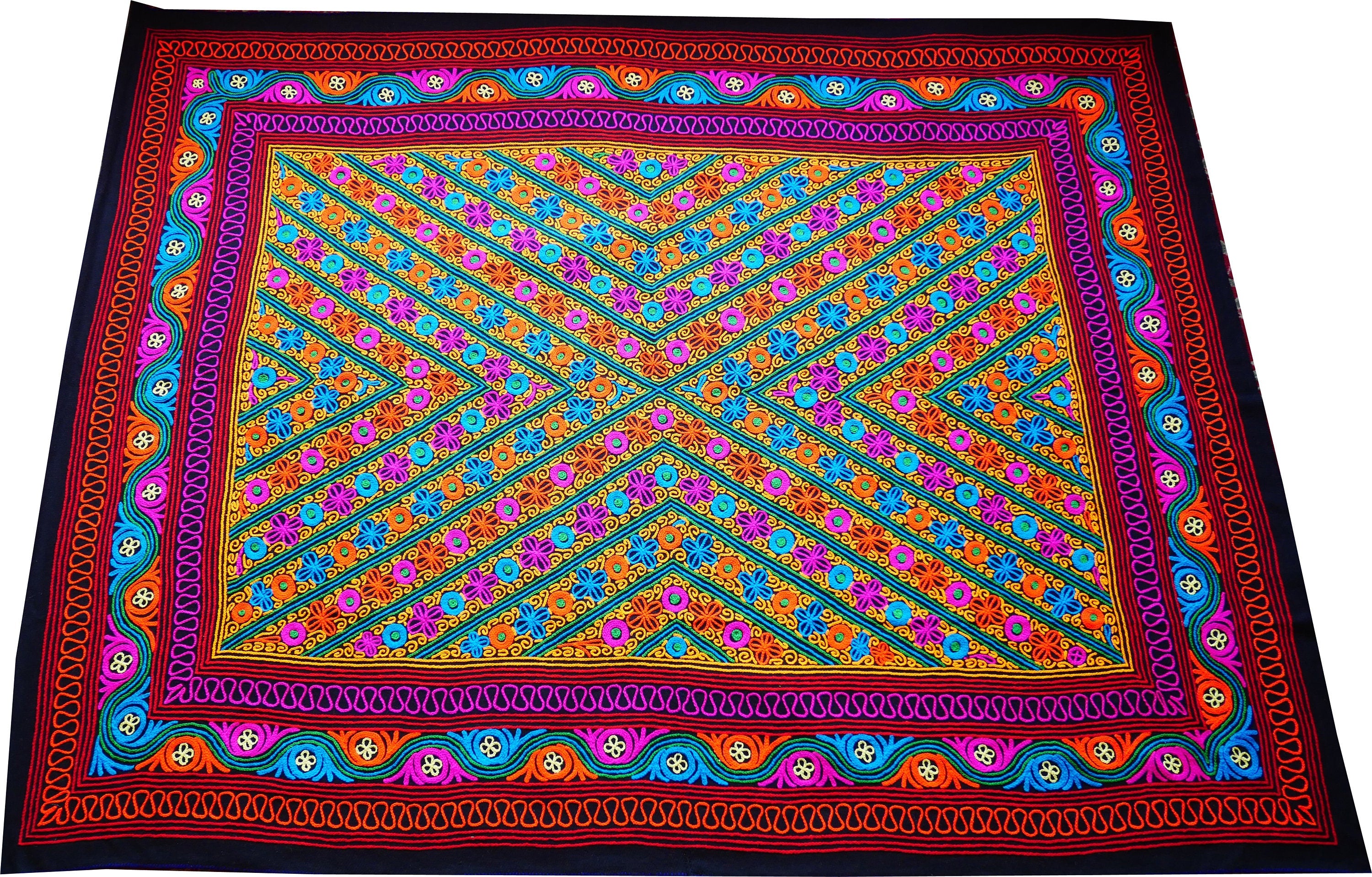 Colorful wool rug - handmade Kashmiri "Gabba" 6x9 wool rug blanket - embroidered floral rug throw - The Shanti Home
