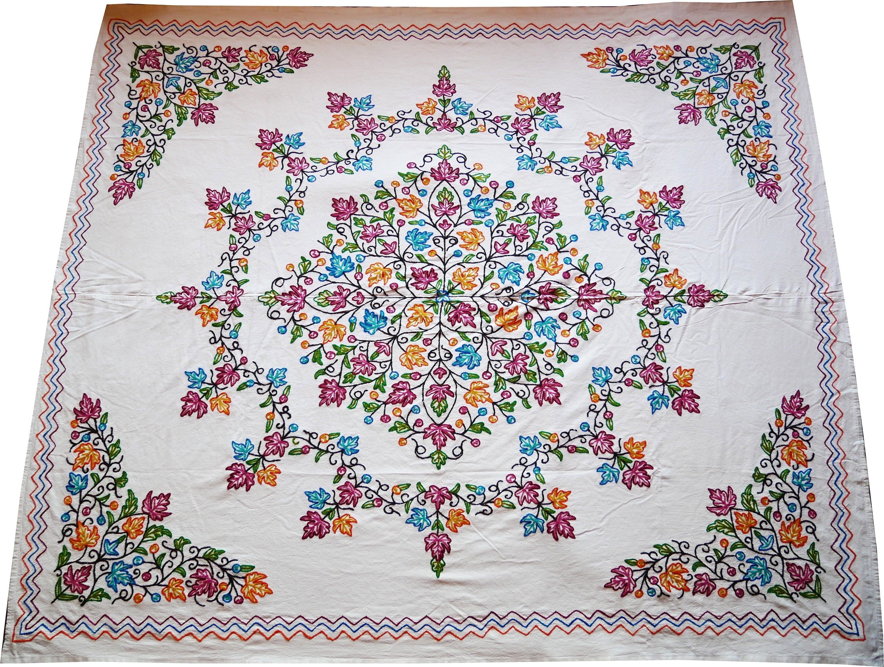 Kashmiri bedding - cotton and wool bed throw - elegant floral embroidery - The Shanti Home