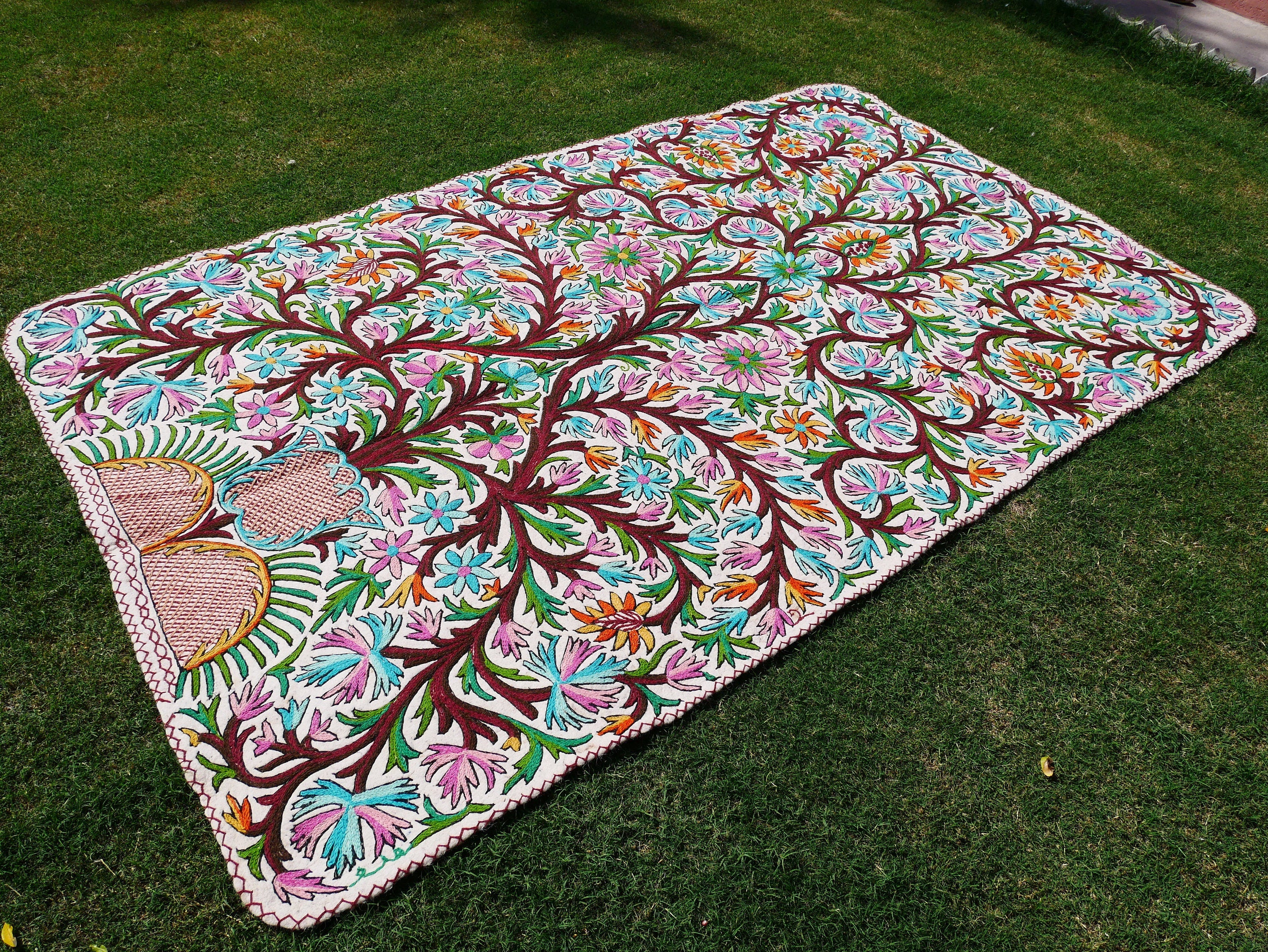 Indian wool rug hand felted Namda 6x9' | boho area rug -Kashmiri floor rug | traditional felted wool rug hand embroidery | bohemian bedroom - The Shanti Home