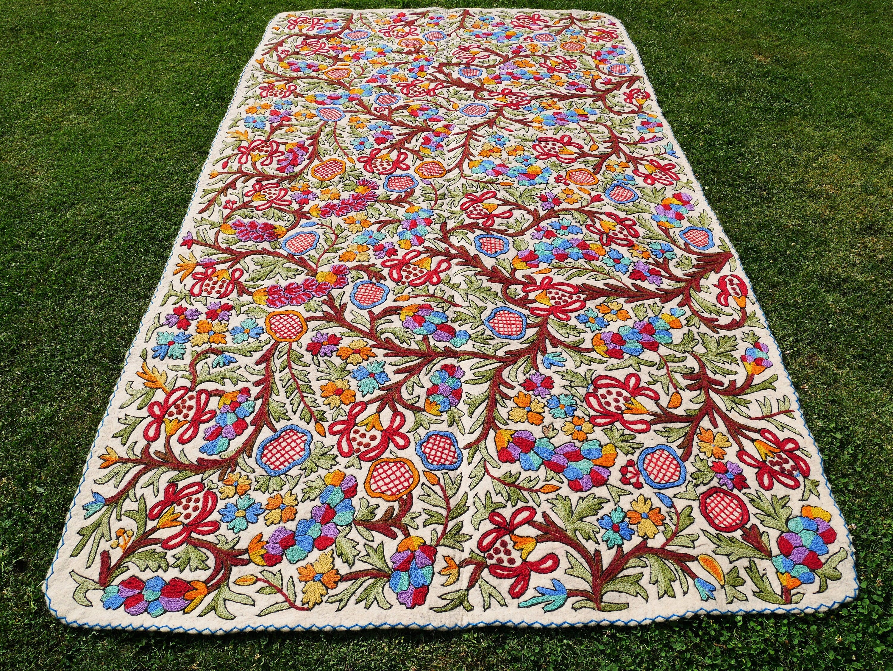 Kashmiri wool rug - Large floral rug 6x10' hand felted Namda | boho area rug - Indian floor rug | traditional embroidery | bohemian bedroom - The Shanti Home