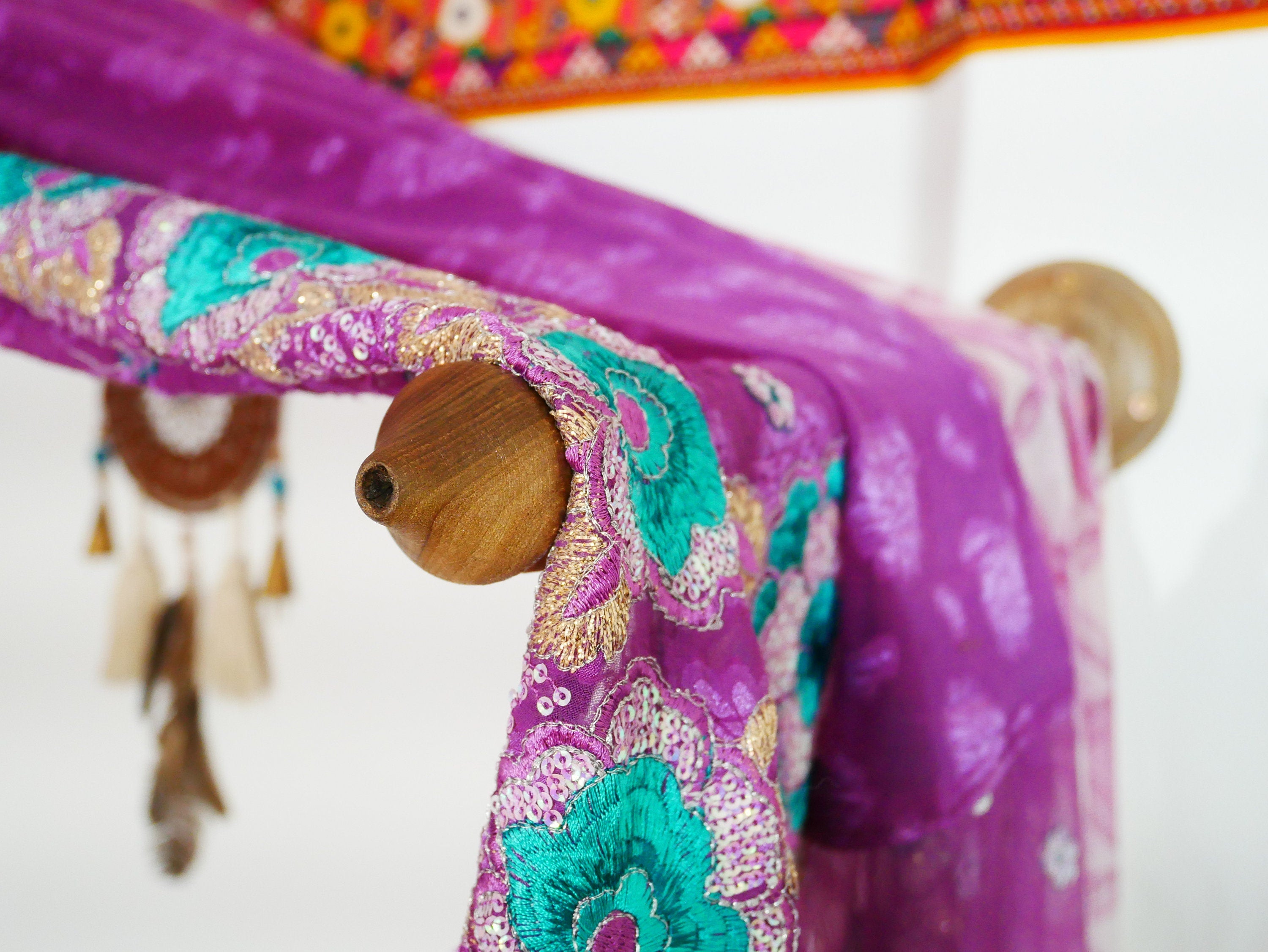 Saree canopy frame with handcrafted walnut wood rods | Boho bed canopy - The Shanti Home