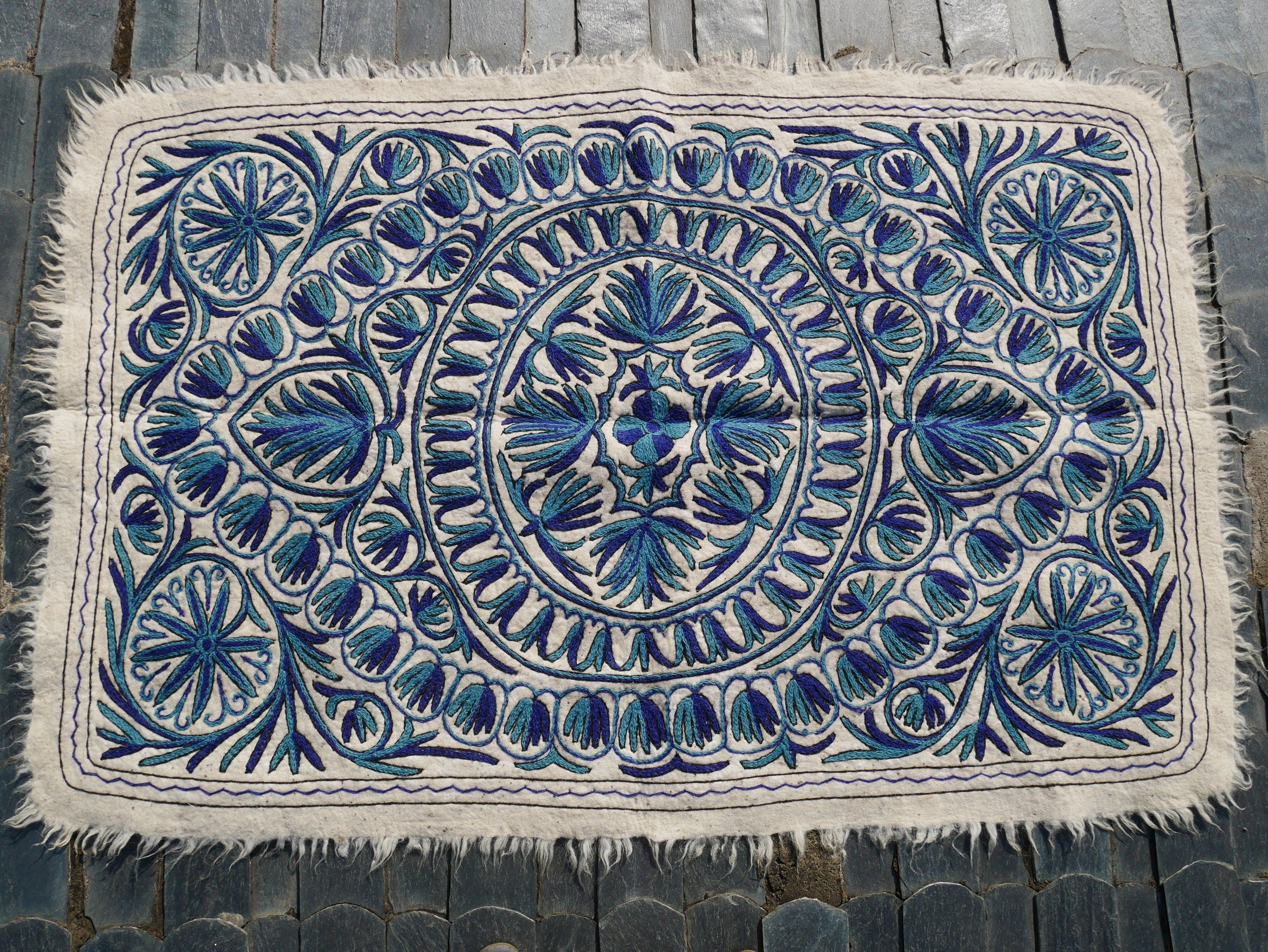 Wool rug Kashmiri "Namda" 6x4 | blue and white hand felted and embroidered area rug - The Shanti Home