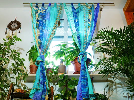 Boho saree curtain turquoise | handmade patchwork curtains | bed canopy curtains - The Shanti Home